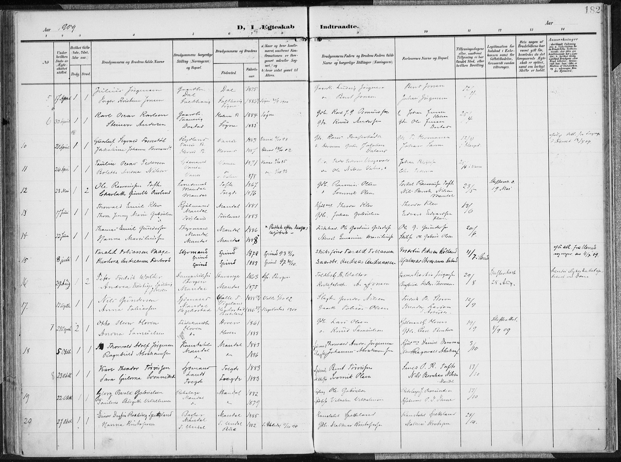 Mandal sokneprestkontor, SAK/1111-0030/F/Fa/Faa/L0020: Parish register (official) no. A 20, 1906-1912, p. 182