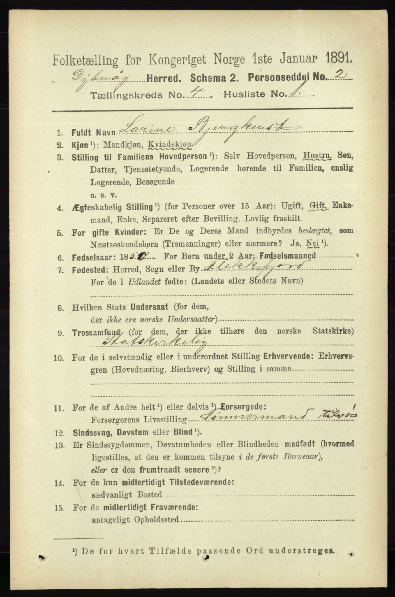 RA, 1891 census for 0915 Dypvåg, 1891, p. 1015