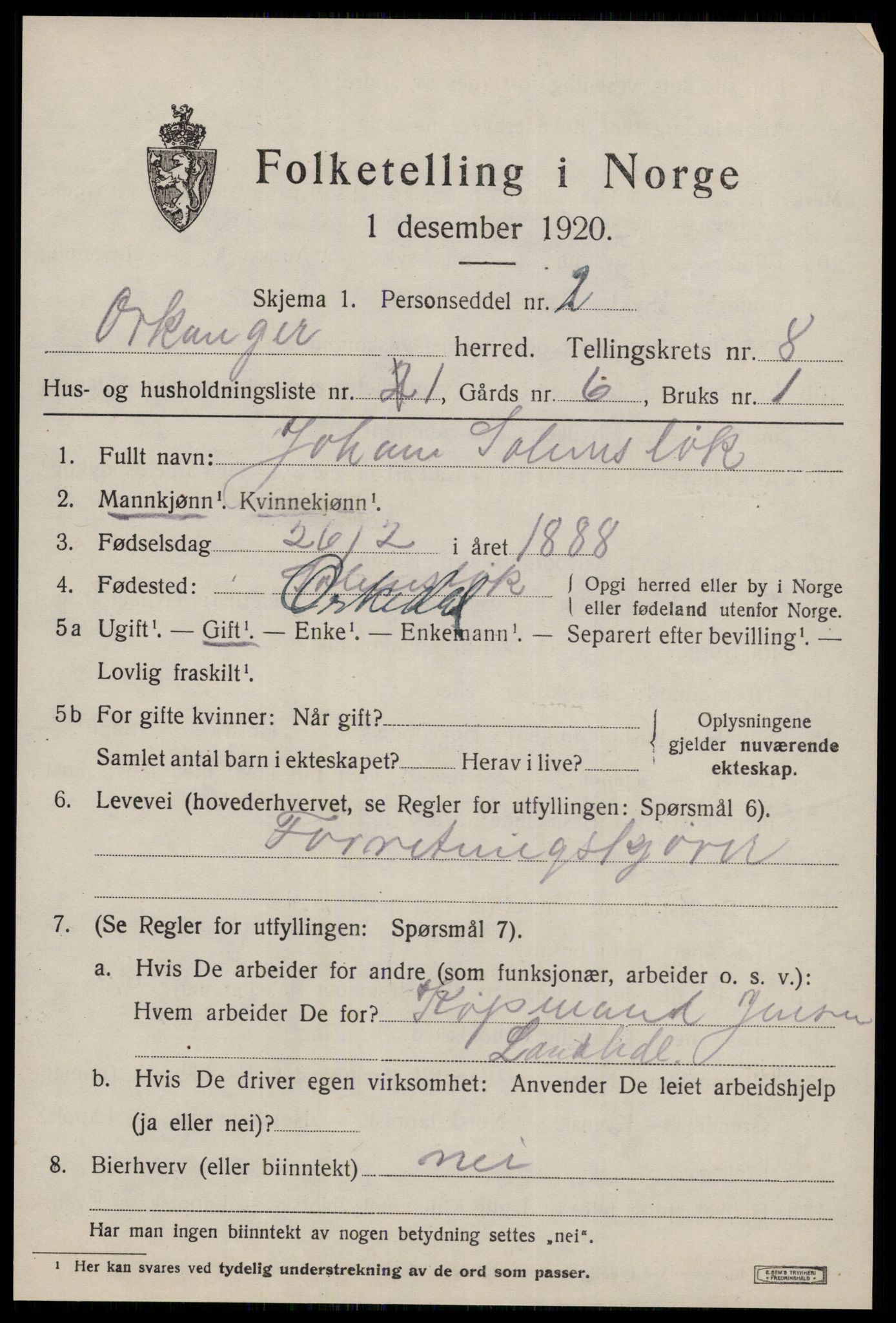 SAT, 1920 census for Orkanger, 1920, p. 3979