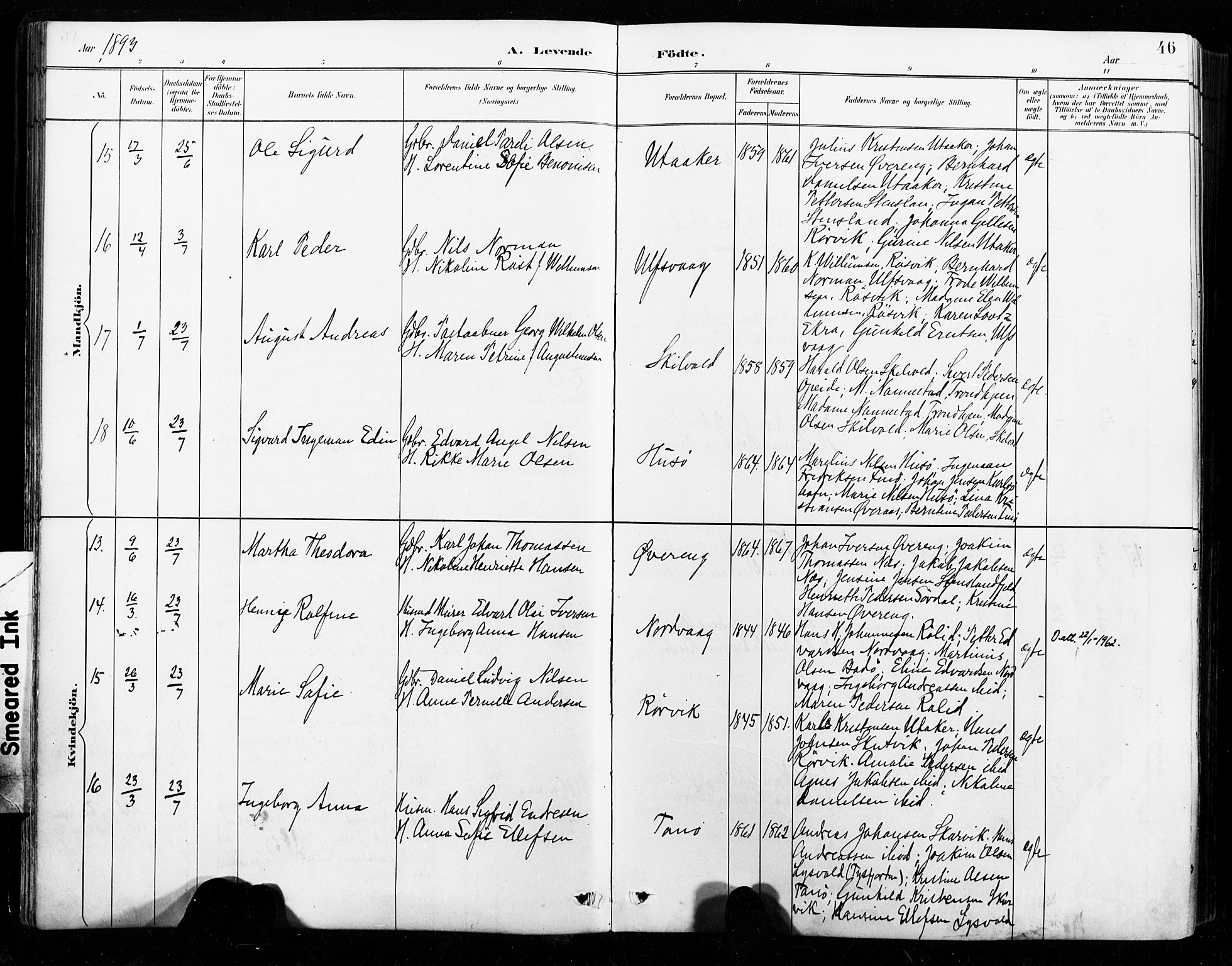 Ministerialprotokoller, klokkerbøker og fødselsregistre - Nordland, SAT/A-1459/859/L0847: Parish register (official) no. 859A07, 1890-1899, p. 46