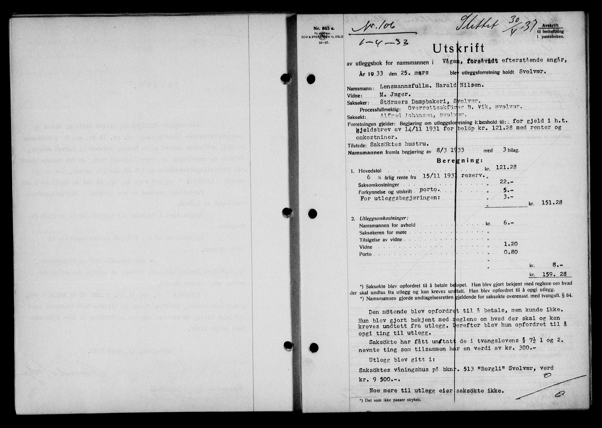 Lofoten sorenskriveri, SAT/A-0017/1/2/2C/L0027b: Mortgage book no. 27b, 1933-1933, Deed date: 01.04.1933
