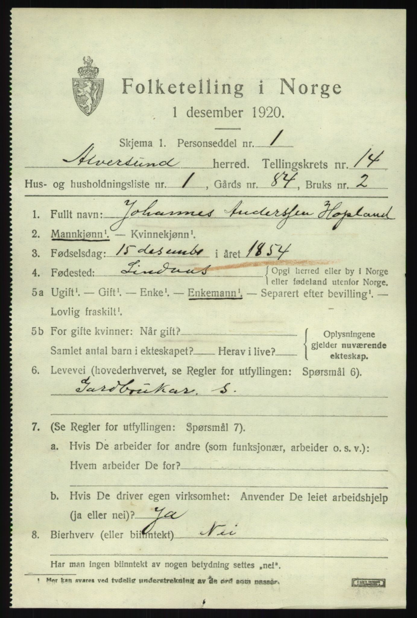 SAB, 1920 census for Alversund, 1920, p. 7668