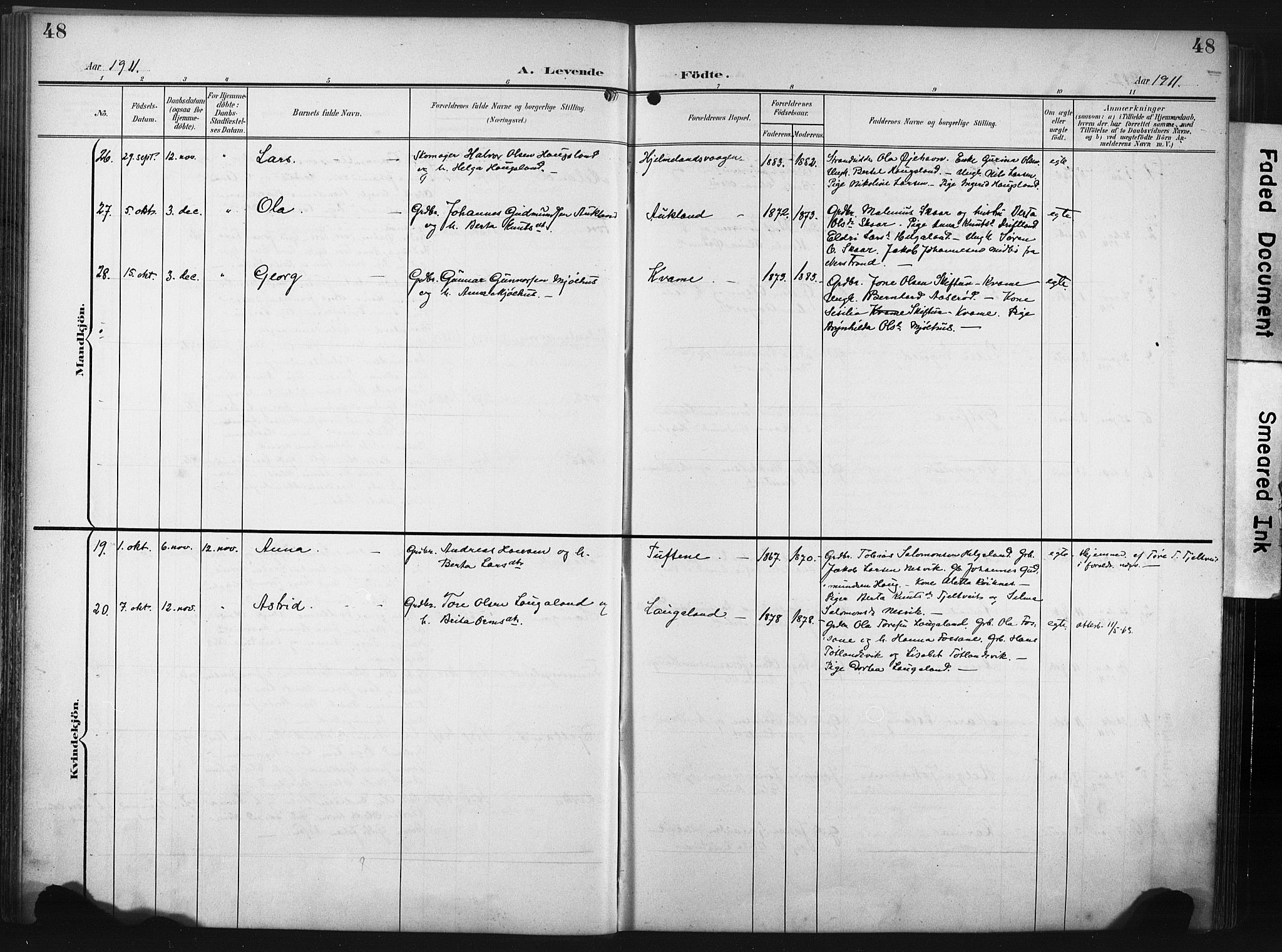 Hjelmeland sokneprestkontor, AV/SAST-A-101843/02/A/L0002: Parish register (official) no. A 17, 1901-1916, p. 48