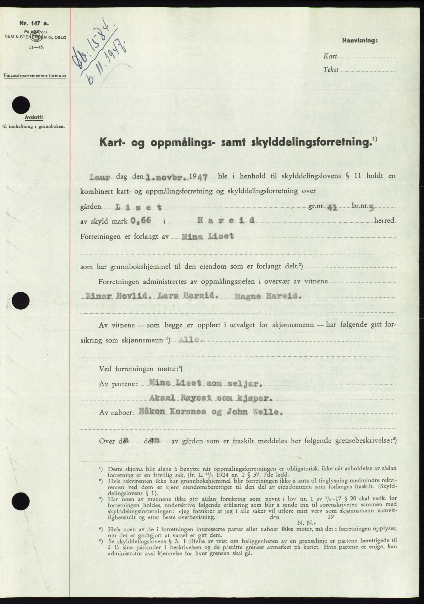 Søre Sunnmøre sorenskriveri, AV/SAT-A-4122/1/2/2C/L0081: Mortgage book no. 7A, 1947-1948, Diary no: : 1584/1947