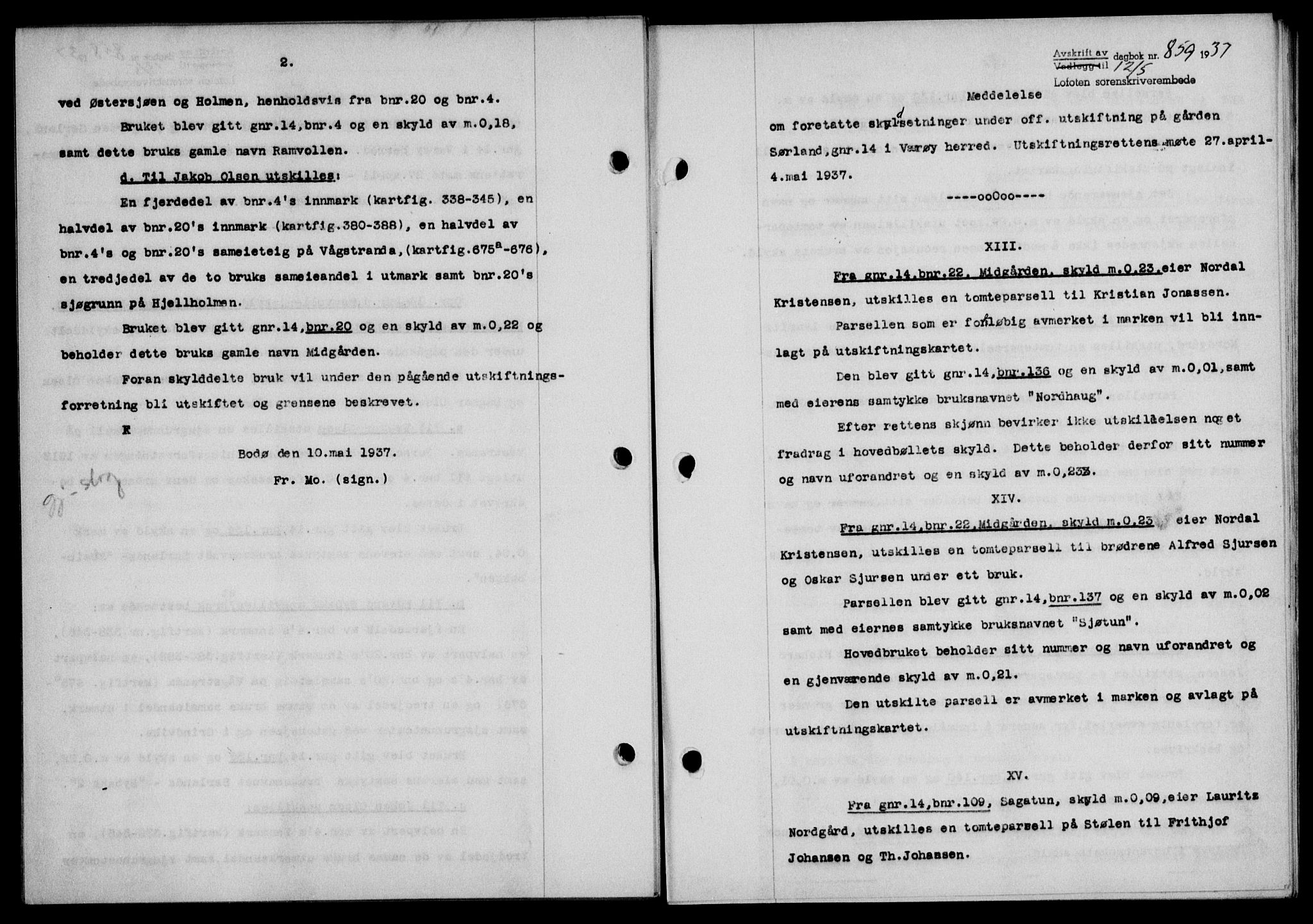 Lofoten sorenskriveri, SAT/A-0017/1/2/2C/L0002a: Mortgage book no. 2a, 1937-1937, Diary no: : 859/1937