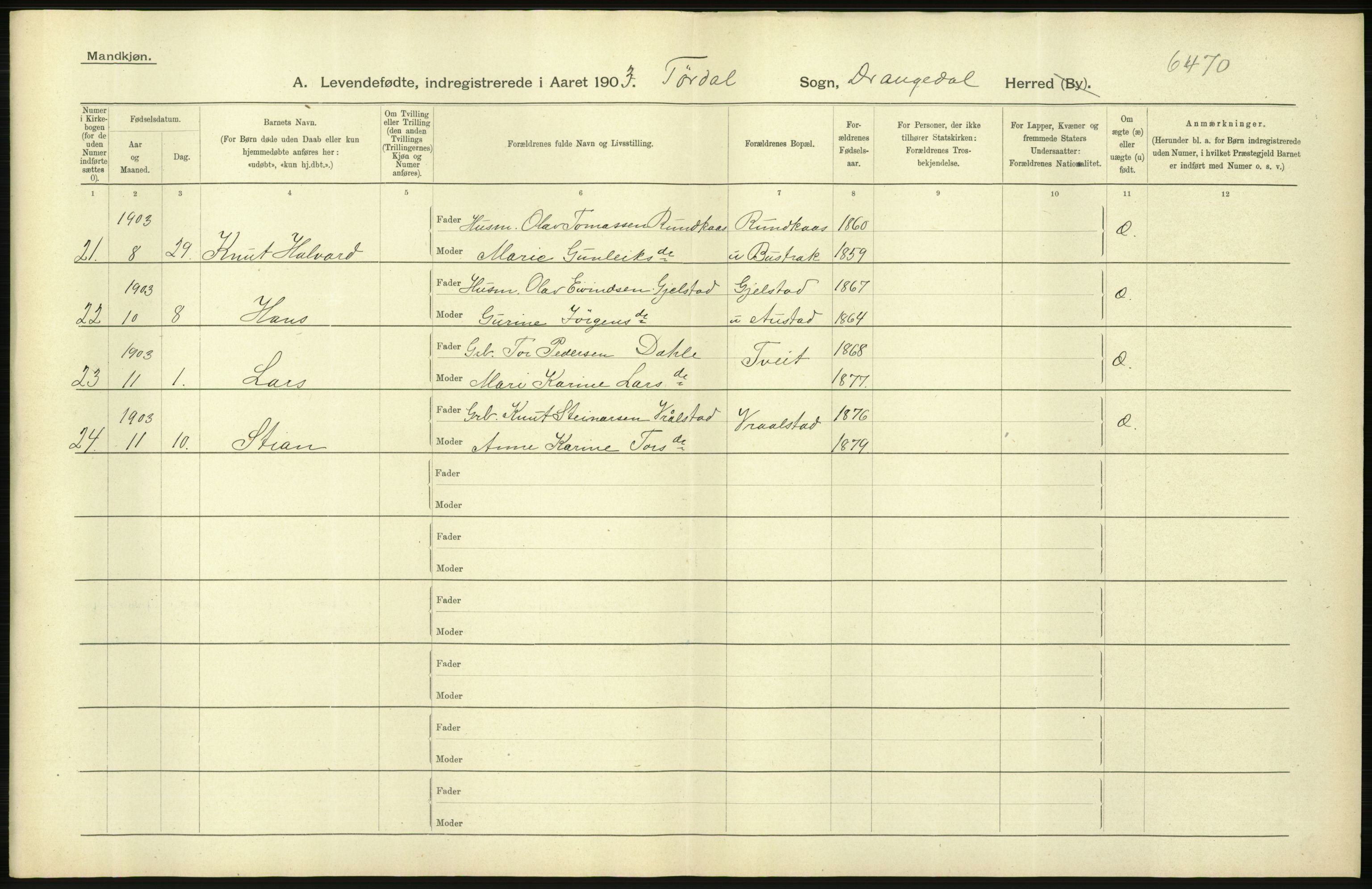 Statistisk sentralbyrå, Sosiodemografiske emner, Befolkning, AV/RA-S-2228/D/Df/Dfa/Dfaa/L0009: Bratsberg amt: Fødte, gifte, døde, 1903, p. 268