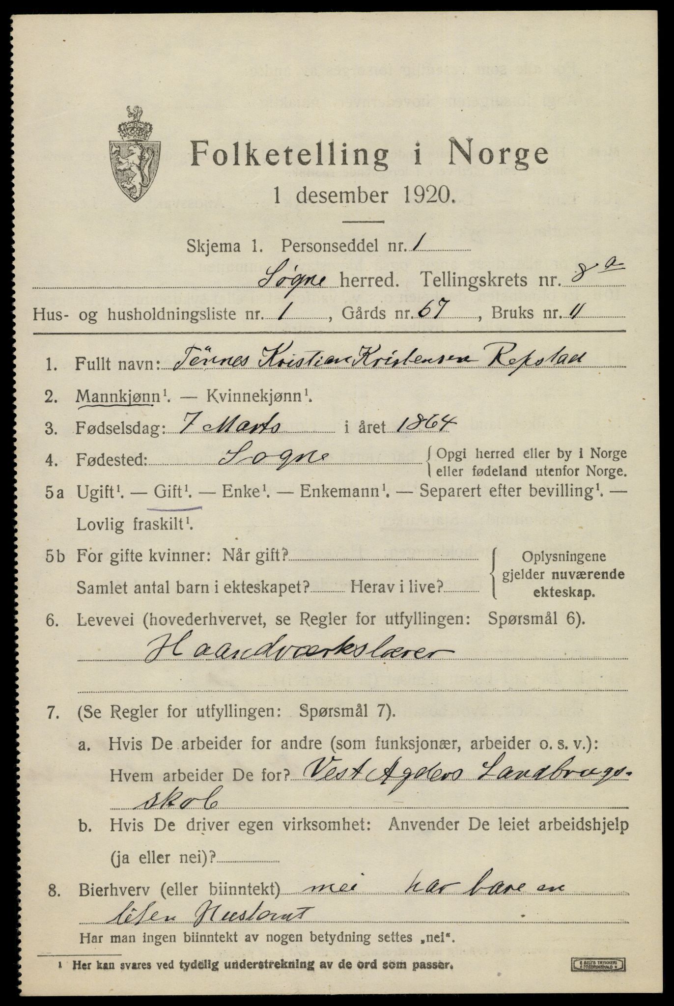 SAK, 1920 census for Søgne, 1920, p. 4031