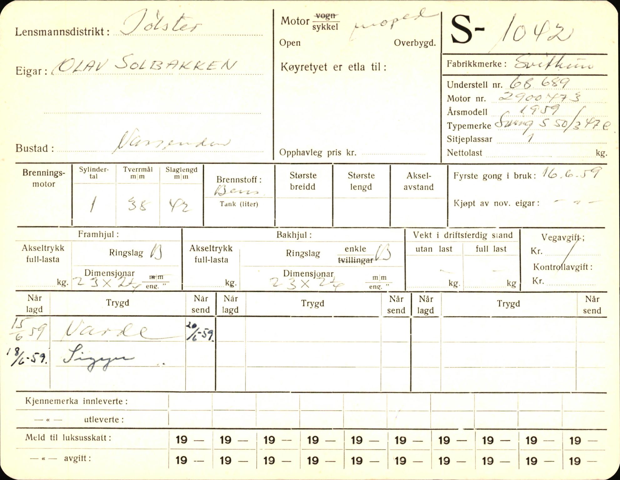 Statens vegvesen, Sogn og Fjordane vegkontor, AV/SAB-A-5301/4/F/L0003: Registerkort utmeldte Fjordane S1000-2499, 1930-1961, p. 74