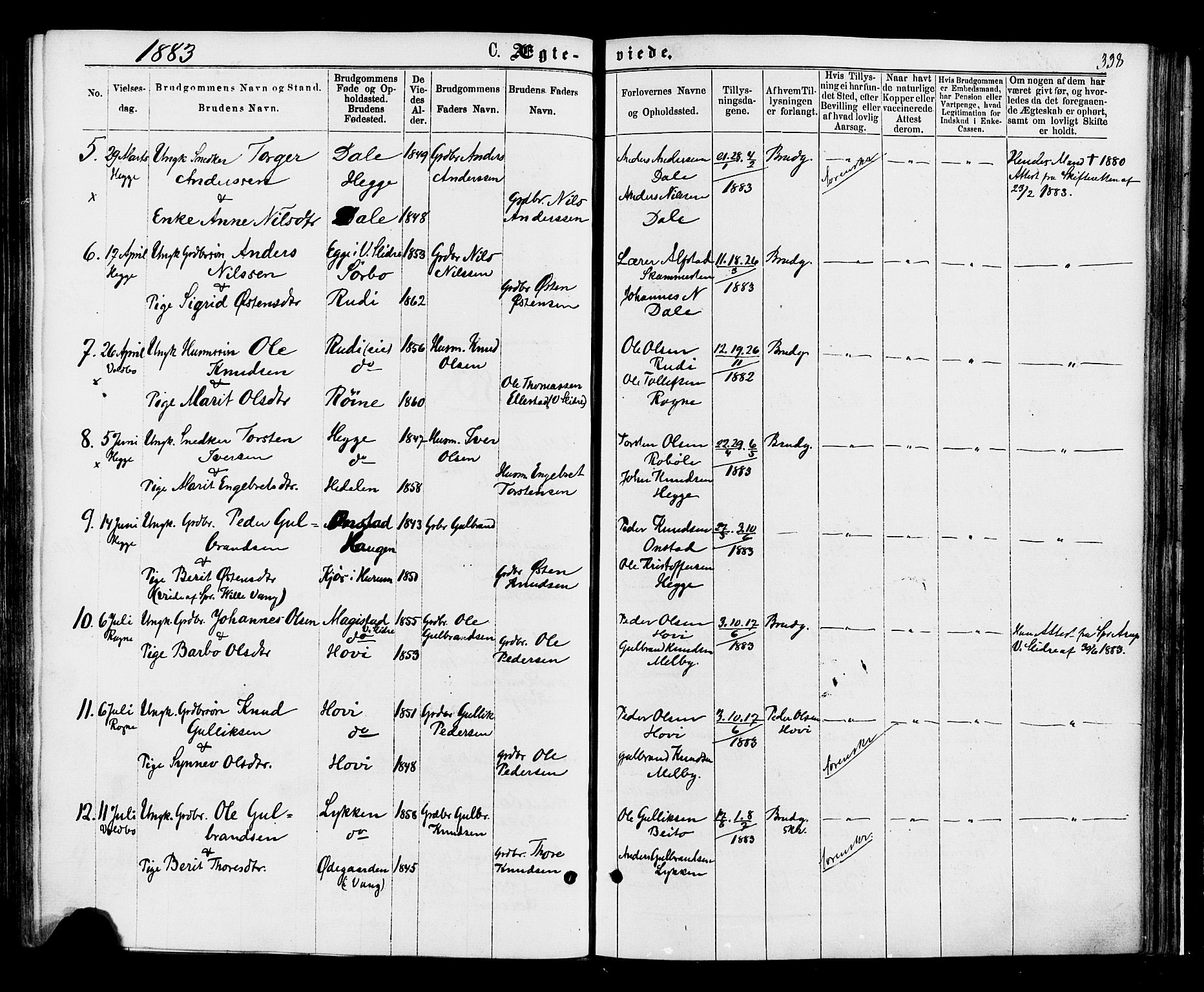 Øystre Slidre prestekontor, AV/SAH-PREST-138/H/Ha/Haa/L0002: Parish register (official) no. 2, 1874-1886, p. 338