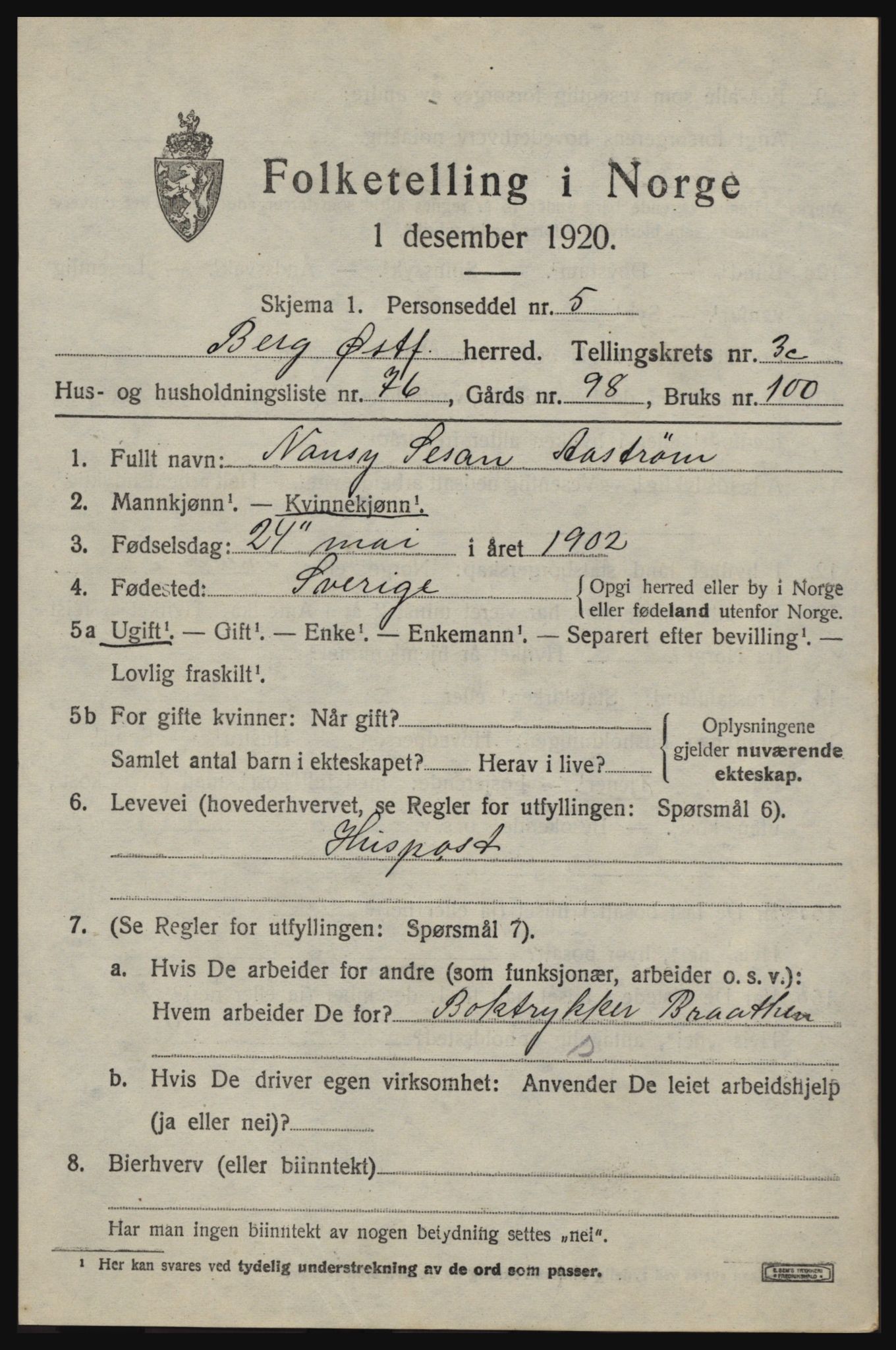 SAO, 1920 census for Berg, 1920, p. 8125