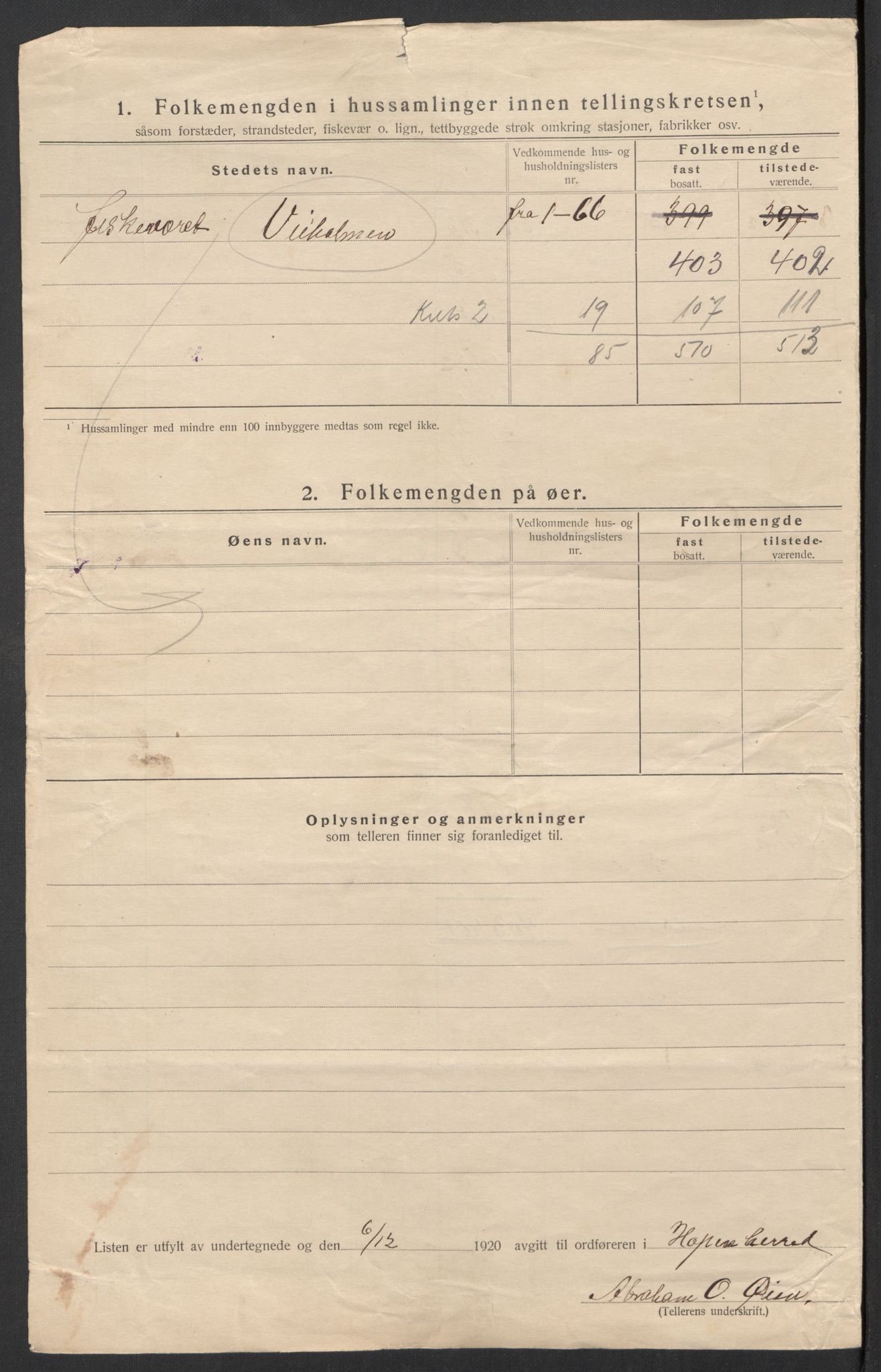 SAT, 1920 census for Hopen, 1920, p. 9