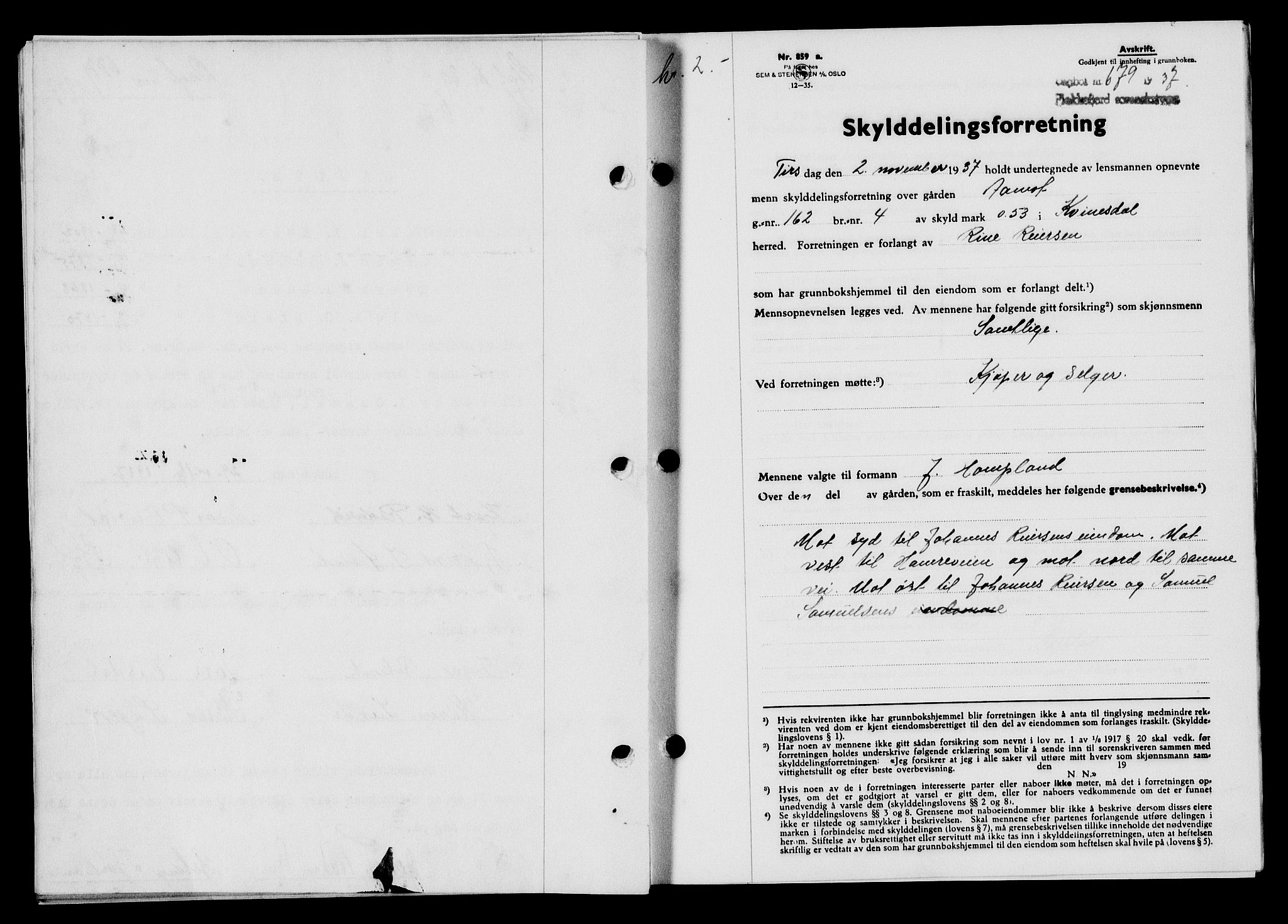 Flekkefjord sorenskriveri, SAK/1221-0001/G/Gb/Gba/L0054: Mortgage book no. A-2, 1937-1938, Diary no: : 679/1937