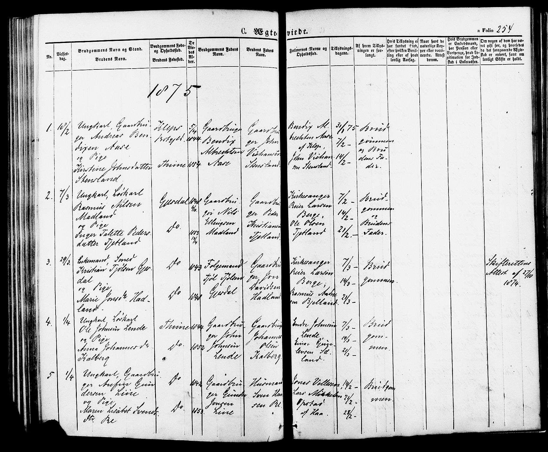 Lye sokneprestkontor, SAST/A-101794/001/30BA/L0008: Parish register (official) no. A 7, 1872-1881, p. 254
