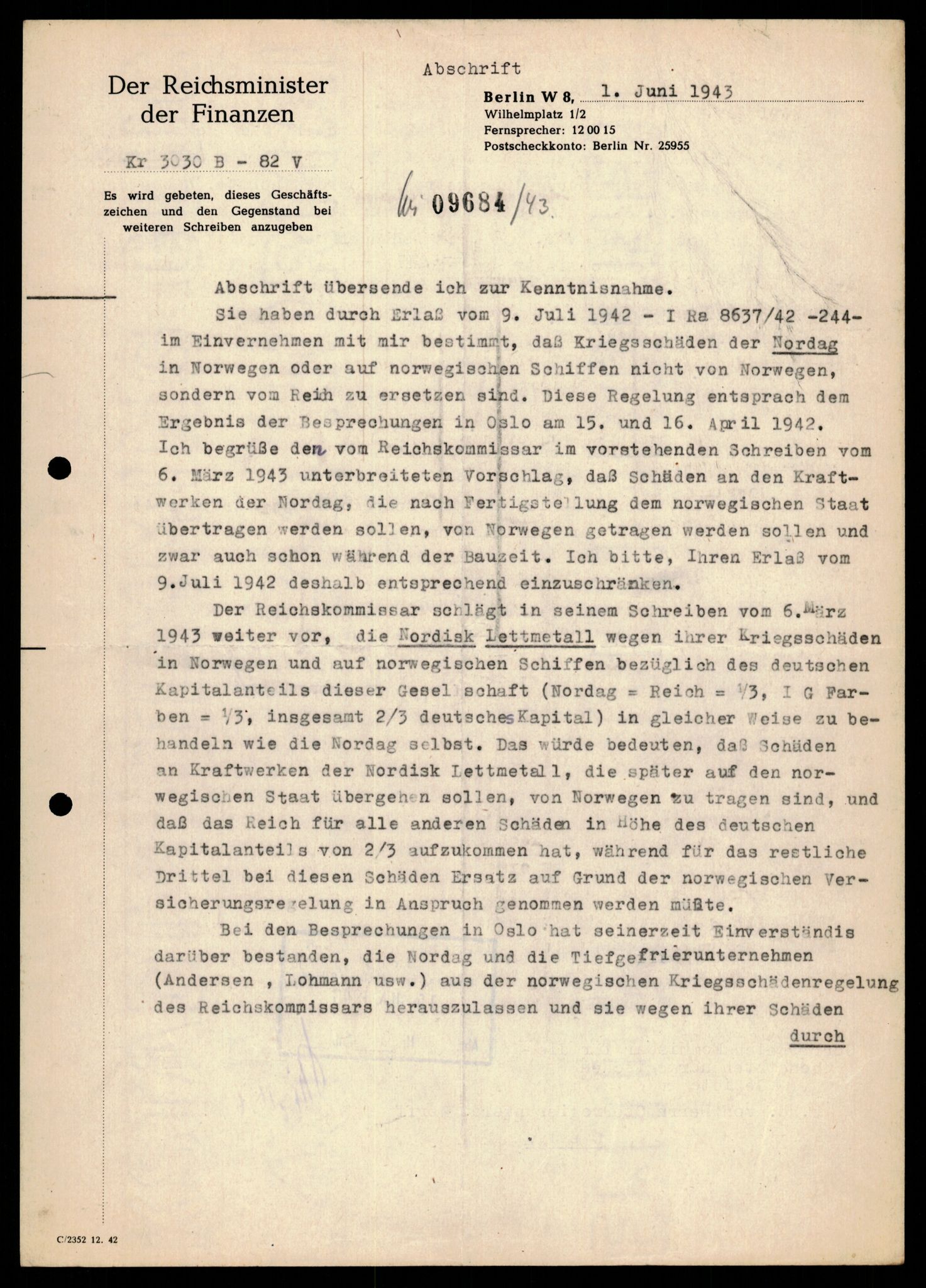 Forsvarets Overkommando. 2 kontor. Arkiv 11.4. Spredte tyske arkivsaker, AV/RA-RAFA-7031/D/Dar/Darb/L0003: Reichskommissariat - Hauptabteilung Vervaltung, 1940-1945, p. 184