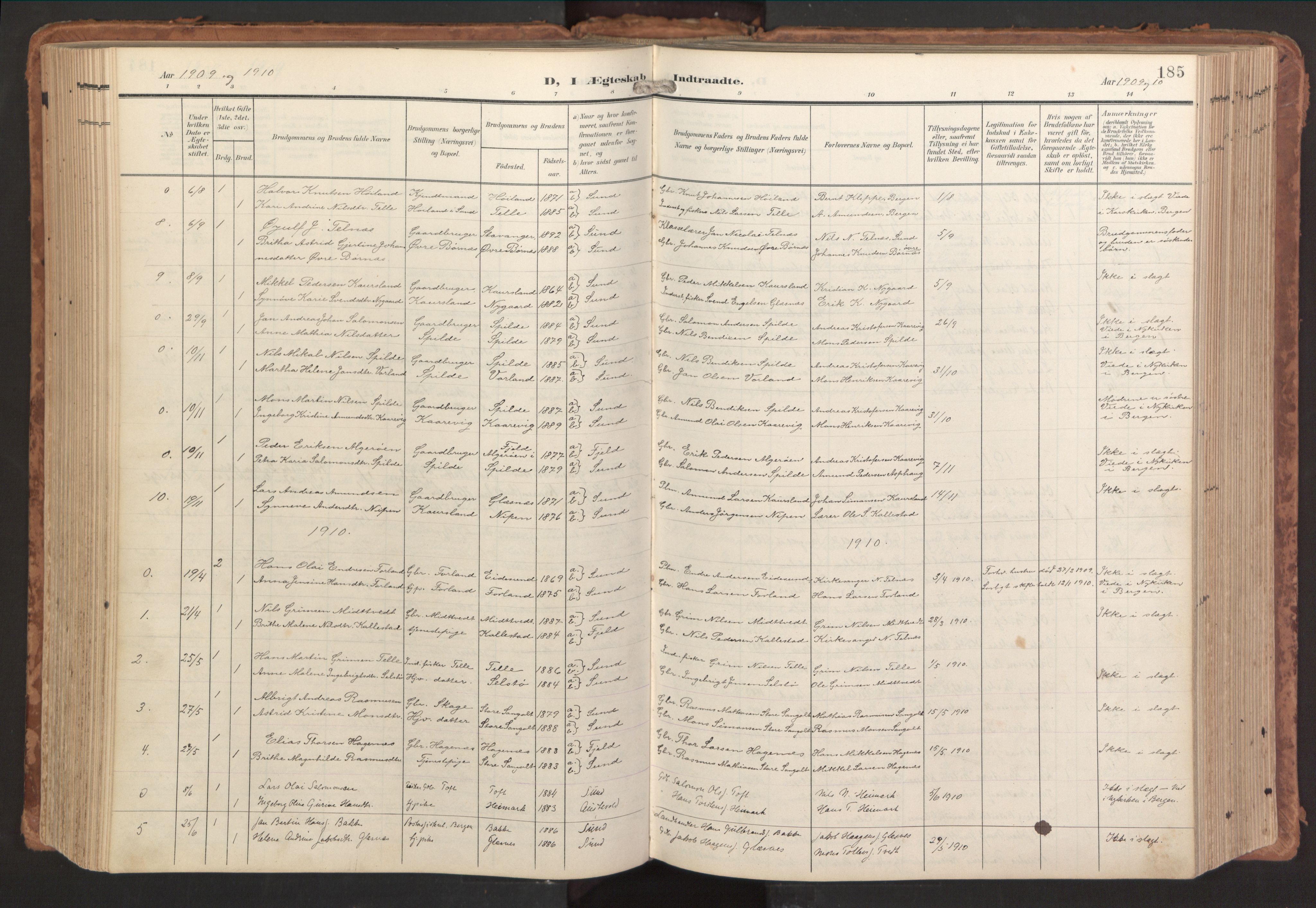 Sund sokneprestembete, SAB/A-99930: Parish register (official) no. B 2, 1907-1926, p. 185