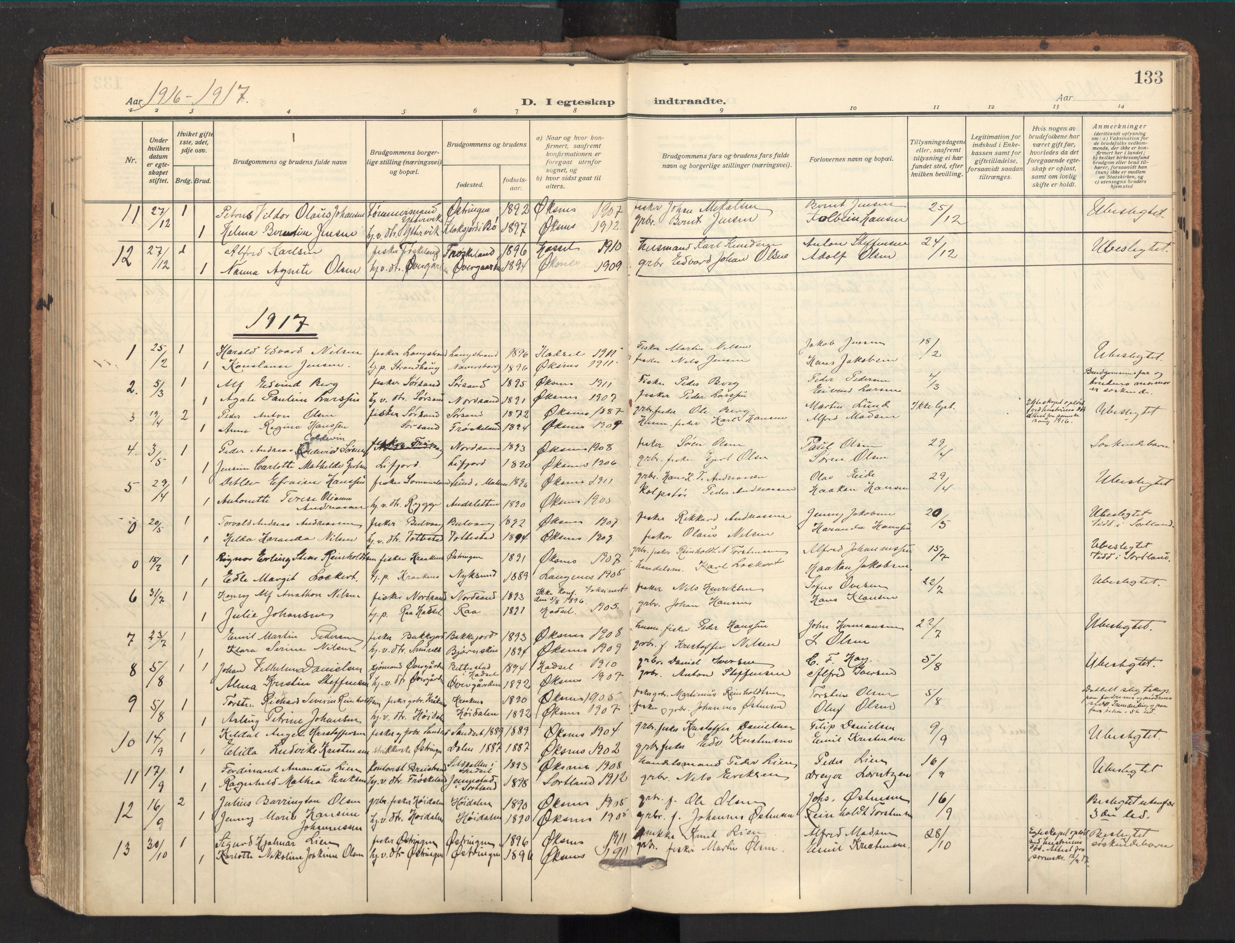 Ministerialprotokoller, klokkerbøker og fødselsregistre - Nordland, SAT/A-1459/893/L1343: Parish register (official) no. 893A15, 1914-1928, p. 133