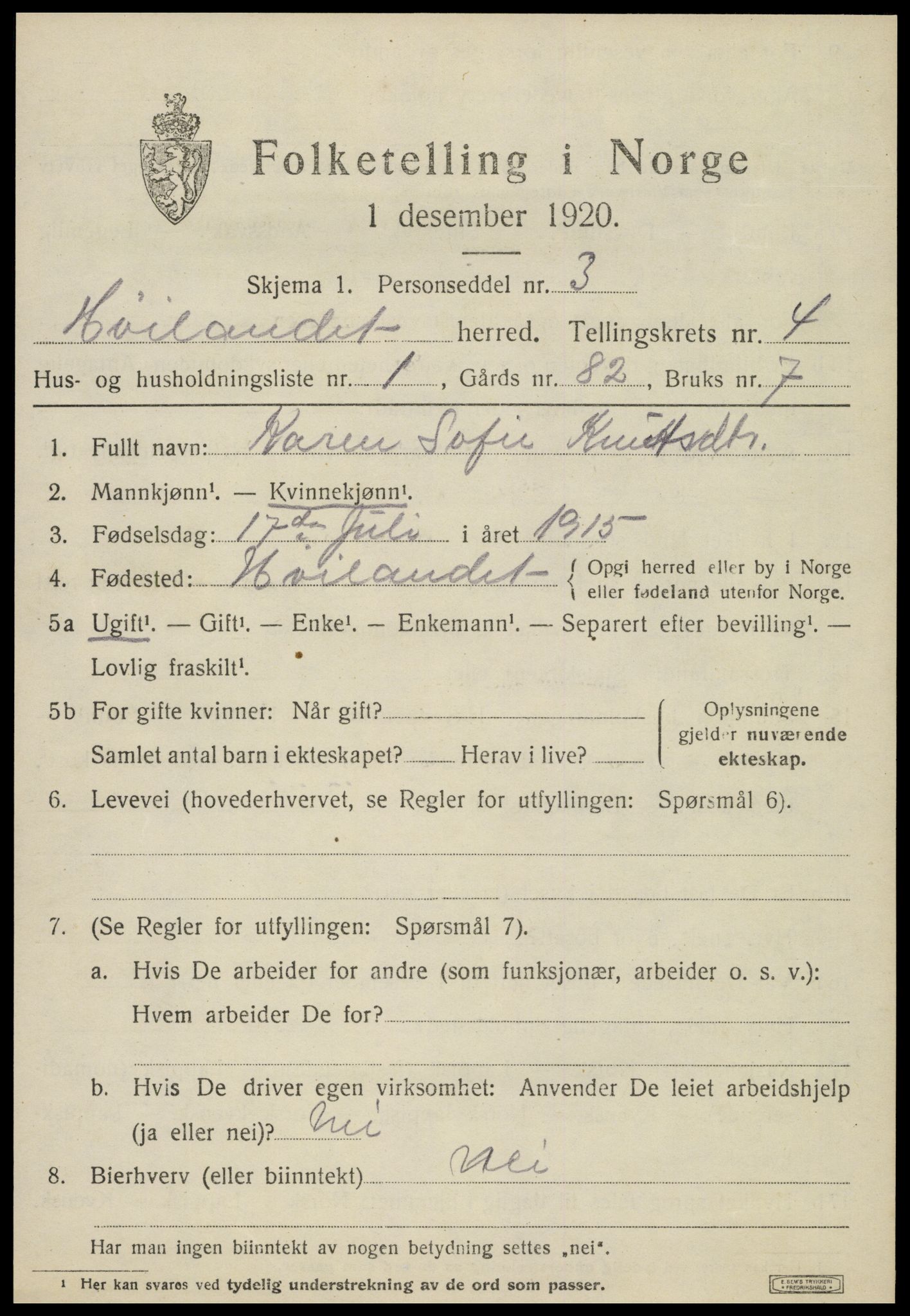 SAT, 1920 census for Høylandet, 1920, p. 2216