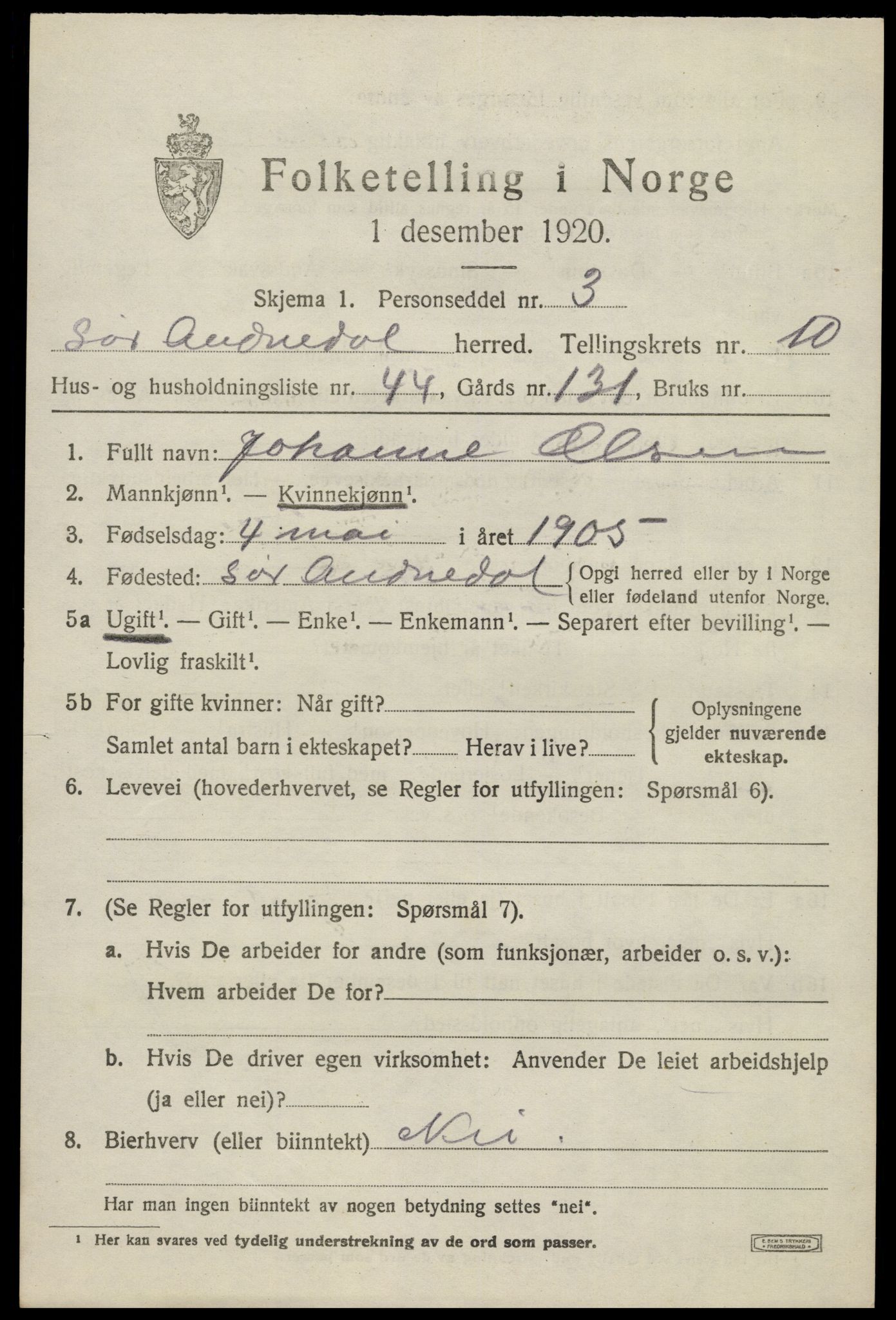 SAK, 1920 census for Sør-Audnedal, 1920, p. 4207