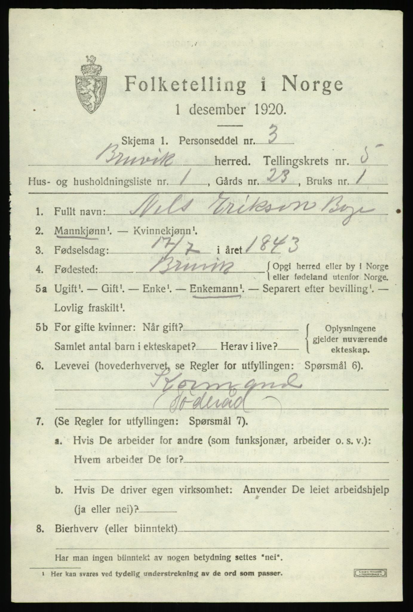 SAB, 1920 census for Bruvik, 1920, p. 2638
