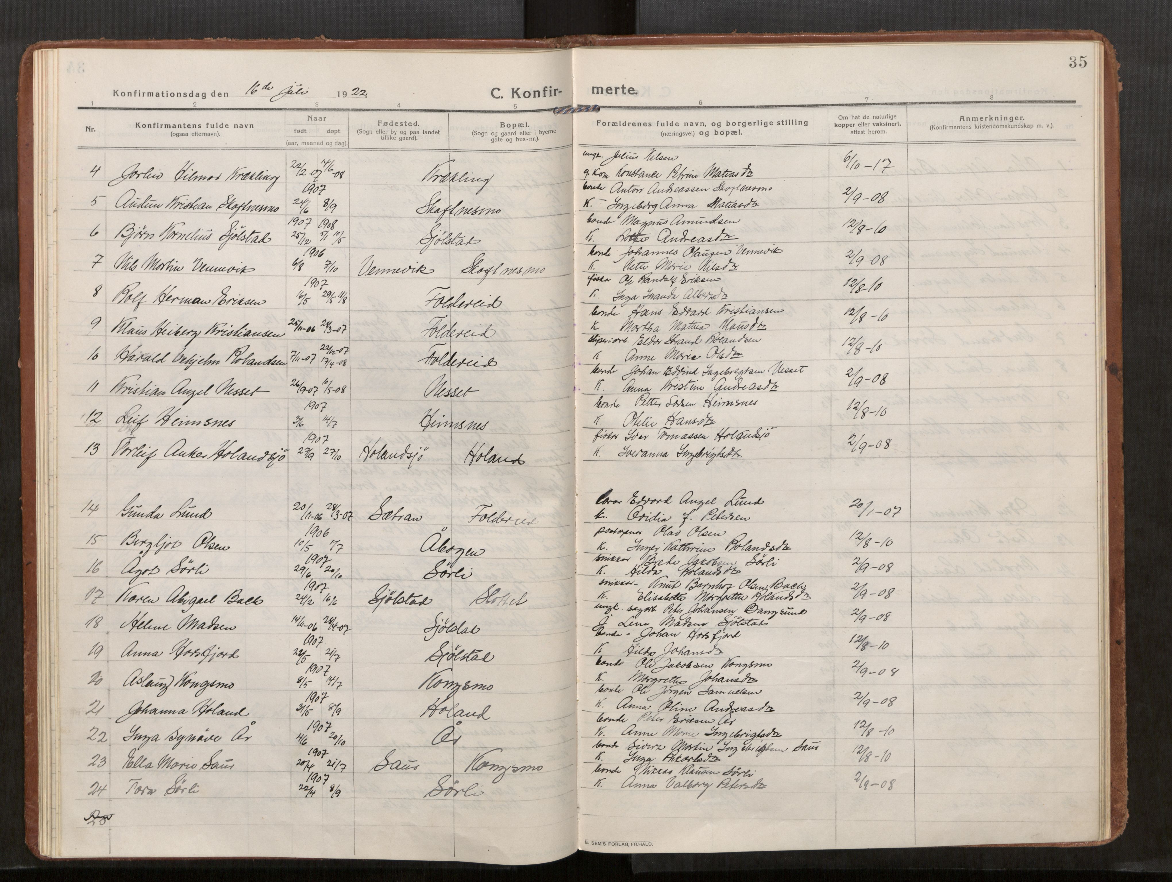 Kolvereid sokneprestkontor, SAT/A-1171/H/Ha/Haa/L0002: Parish register (official) no. 2, 1914-1926, p. 35