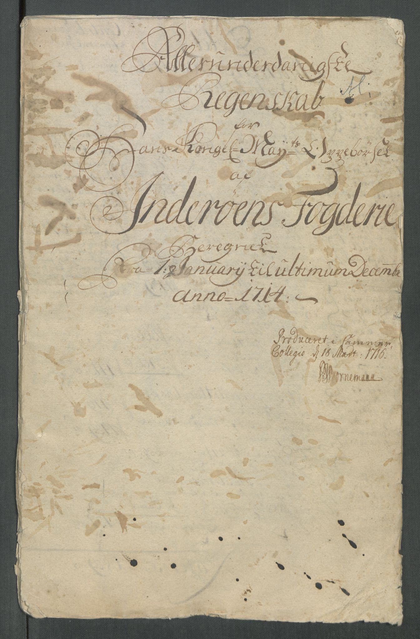 Rentekammeret inntil 1814, Reviderte regnskaper, Fogderegnskap, RA/EA-4092/R63/L4322: Fogderegnskap Inderøy, 1714, p. 3