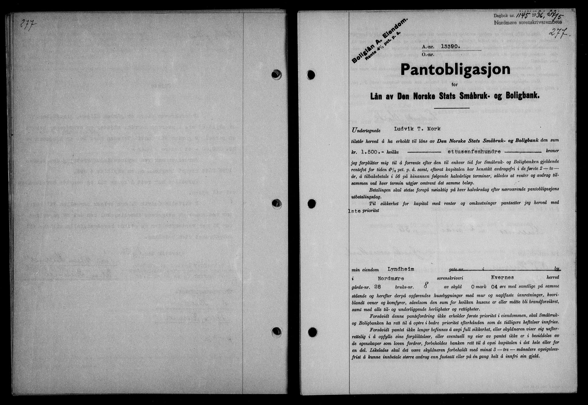 Nordmøre sorenskriveri, AV/SAT-A-4132/1/2/2Ca/L0088: Mortgage book no. 78, 1936-1936, Diary no: : 1145/1936