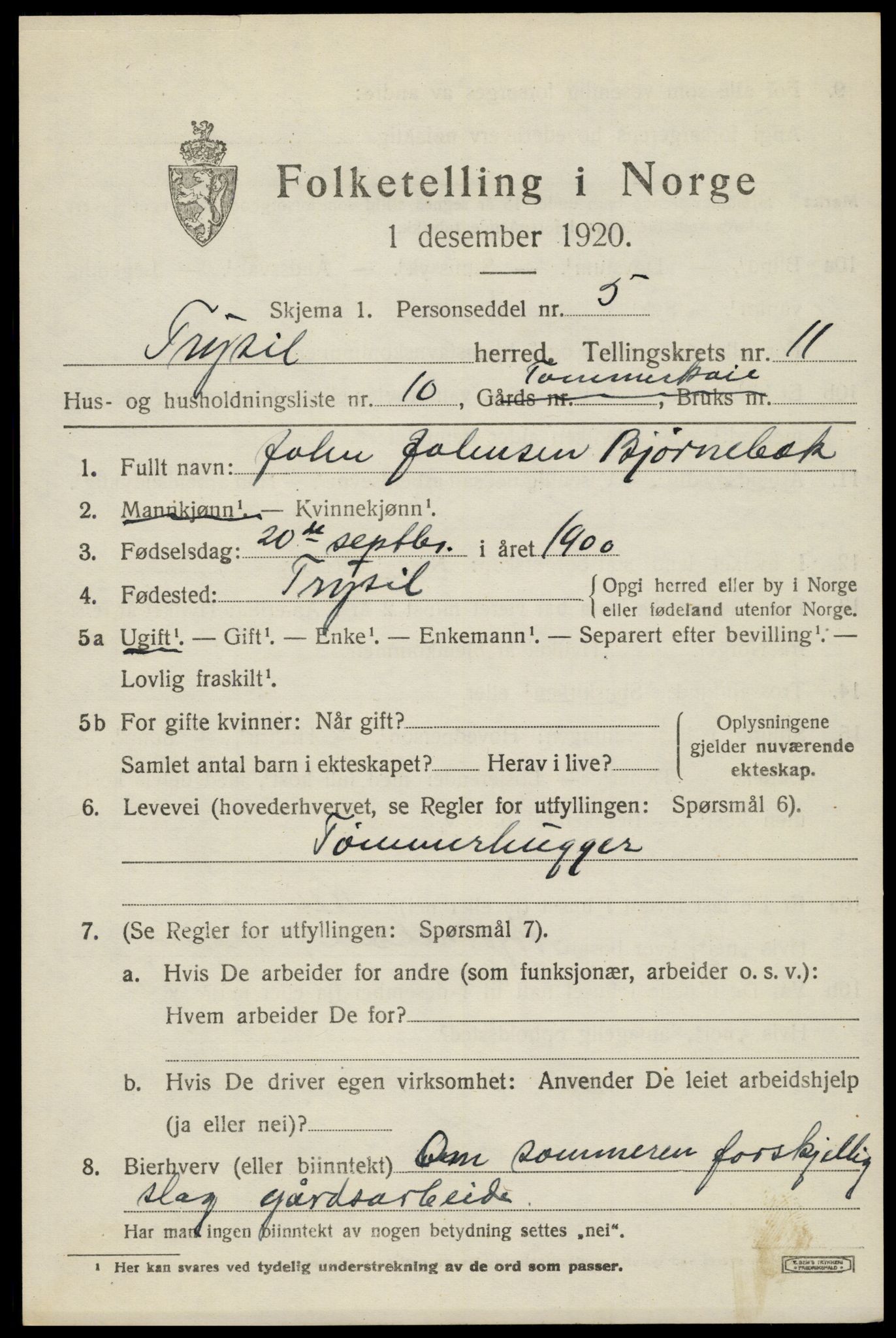 SAH, 1920 census for Trysil, 1920, p. 7071