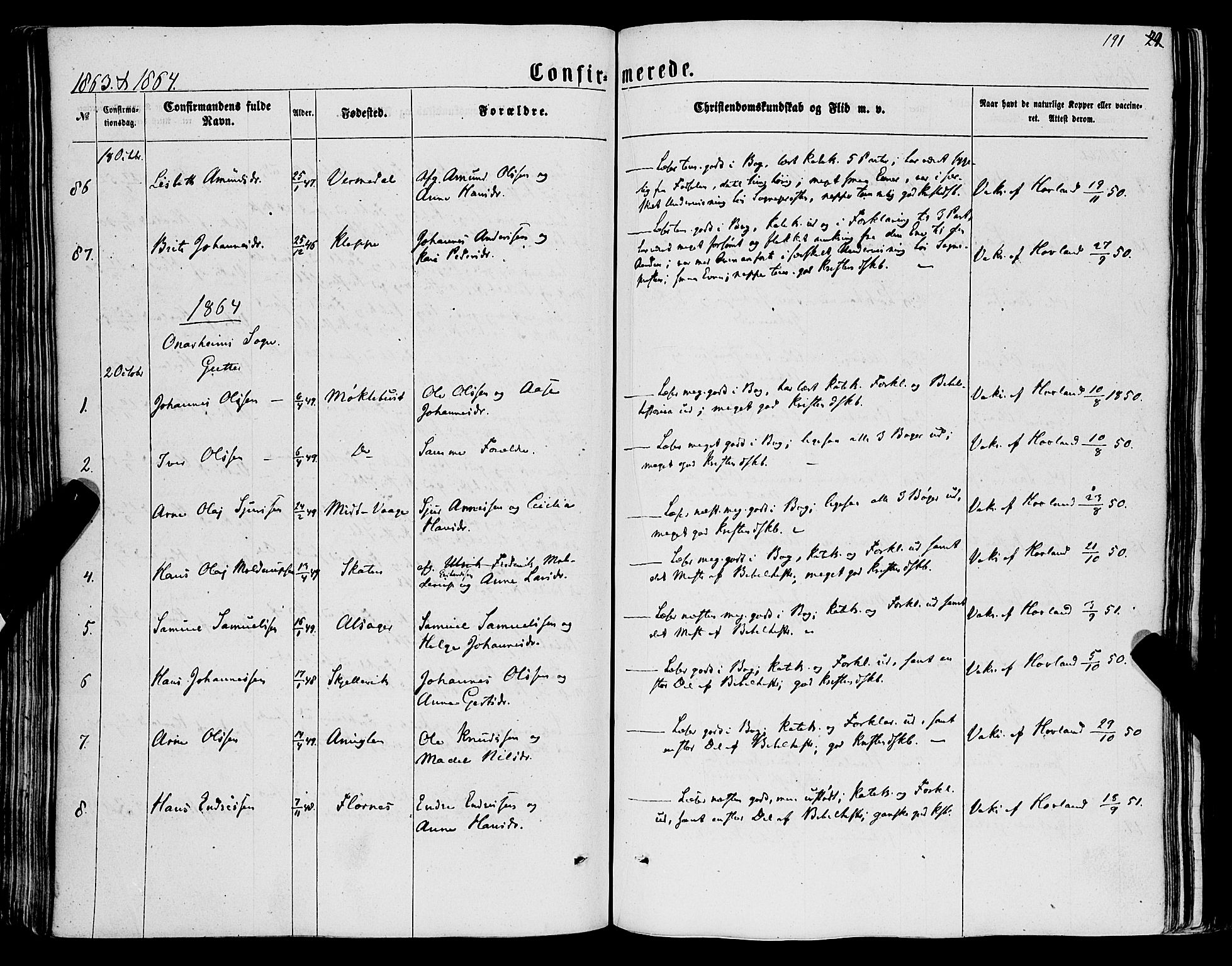 Tysnes sokneprestembete, AV/SAB-A-78601/H/Haa: Parish register (official) no. A 11, 1860-1871, p. 191