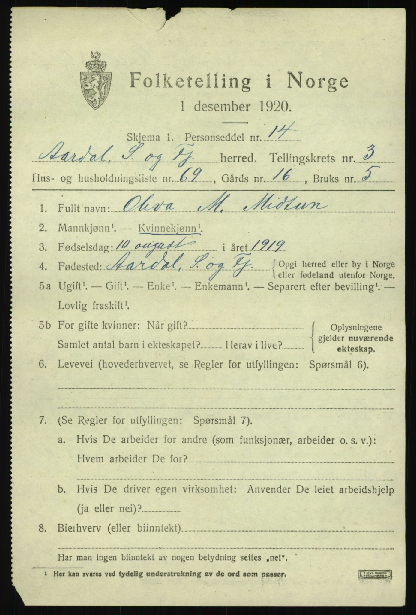 SAB, 1920 census for Årdal, 1920, p. 2605