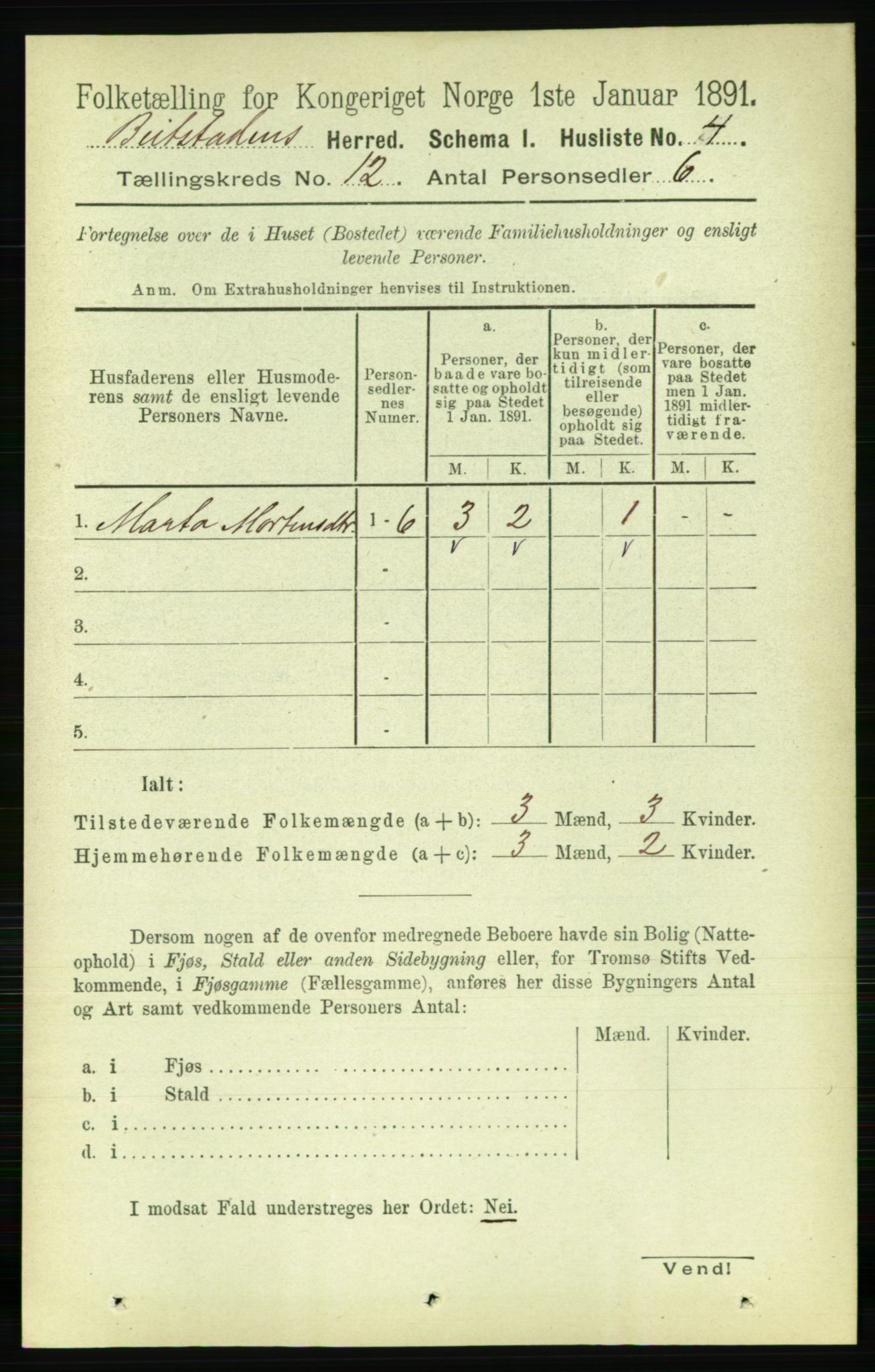 RA, 1891 census for 1727 Beitstad, 1891, p. 3329