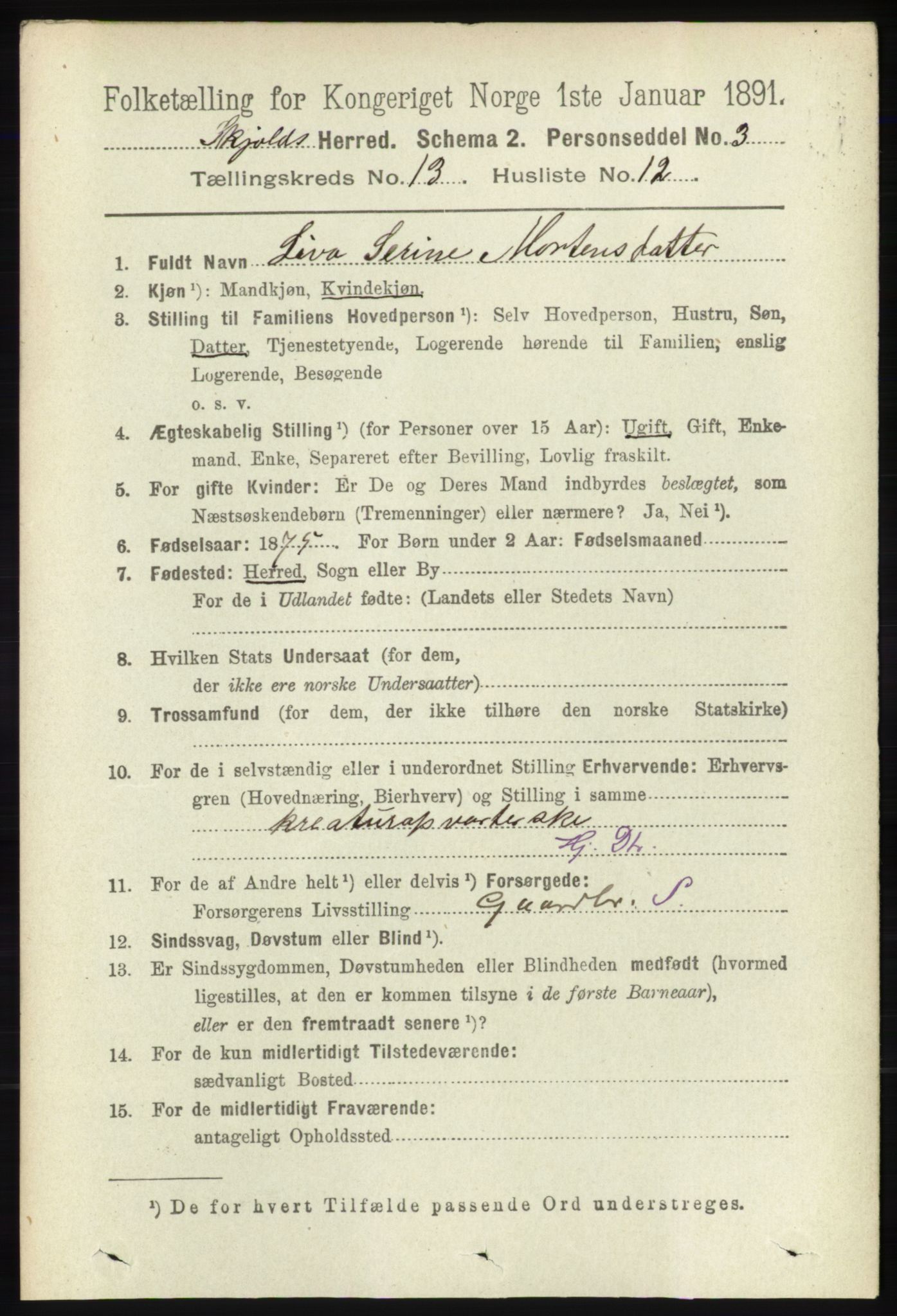 RA, 1891 census for 1154 Skjold, 1891, p. 2449