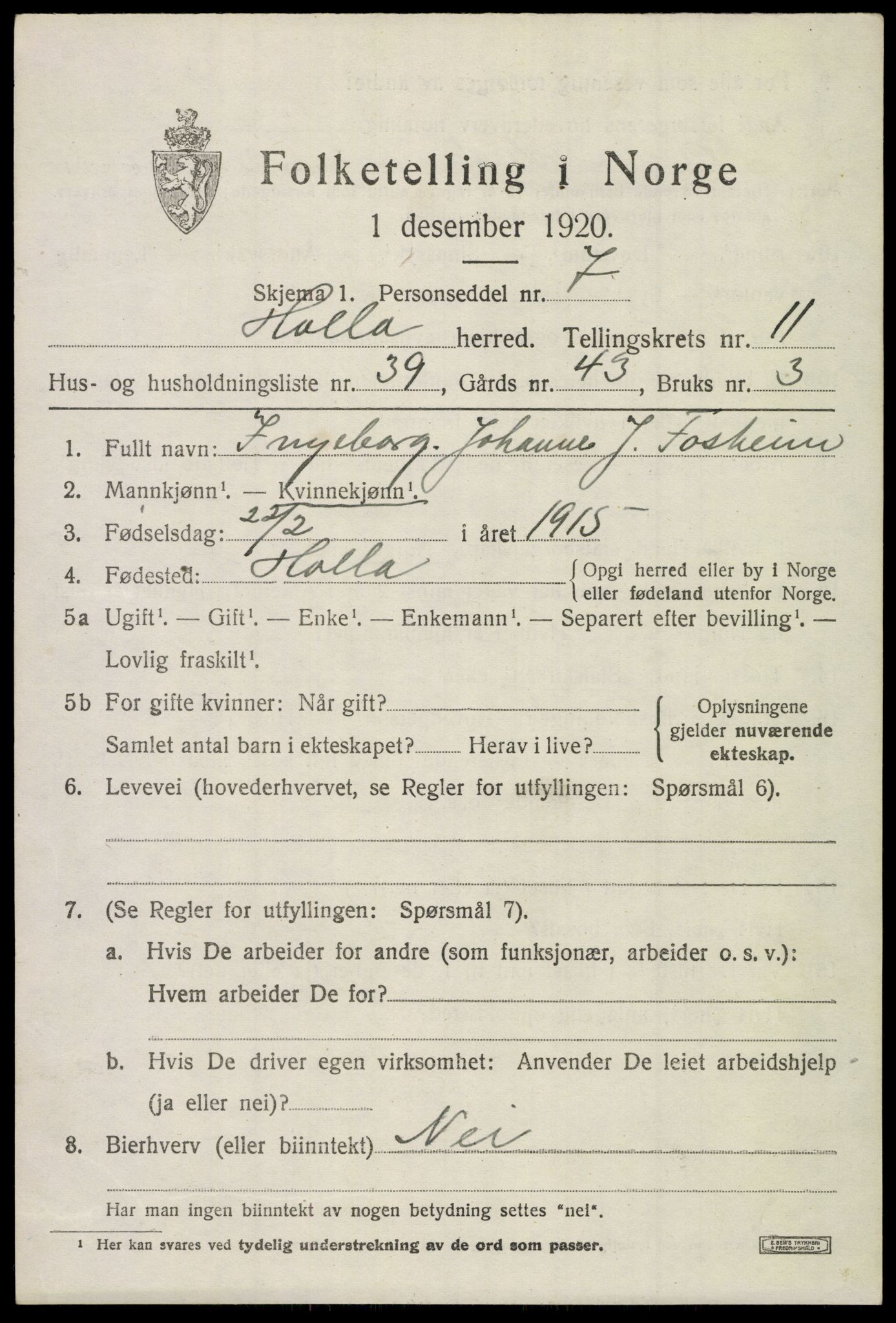 SAKO, 1920 census for Holla, 1920, p. 7497