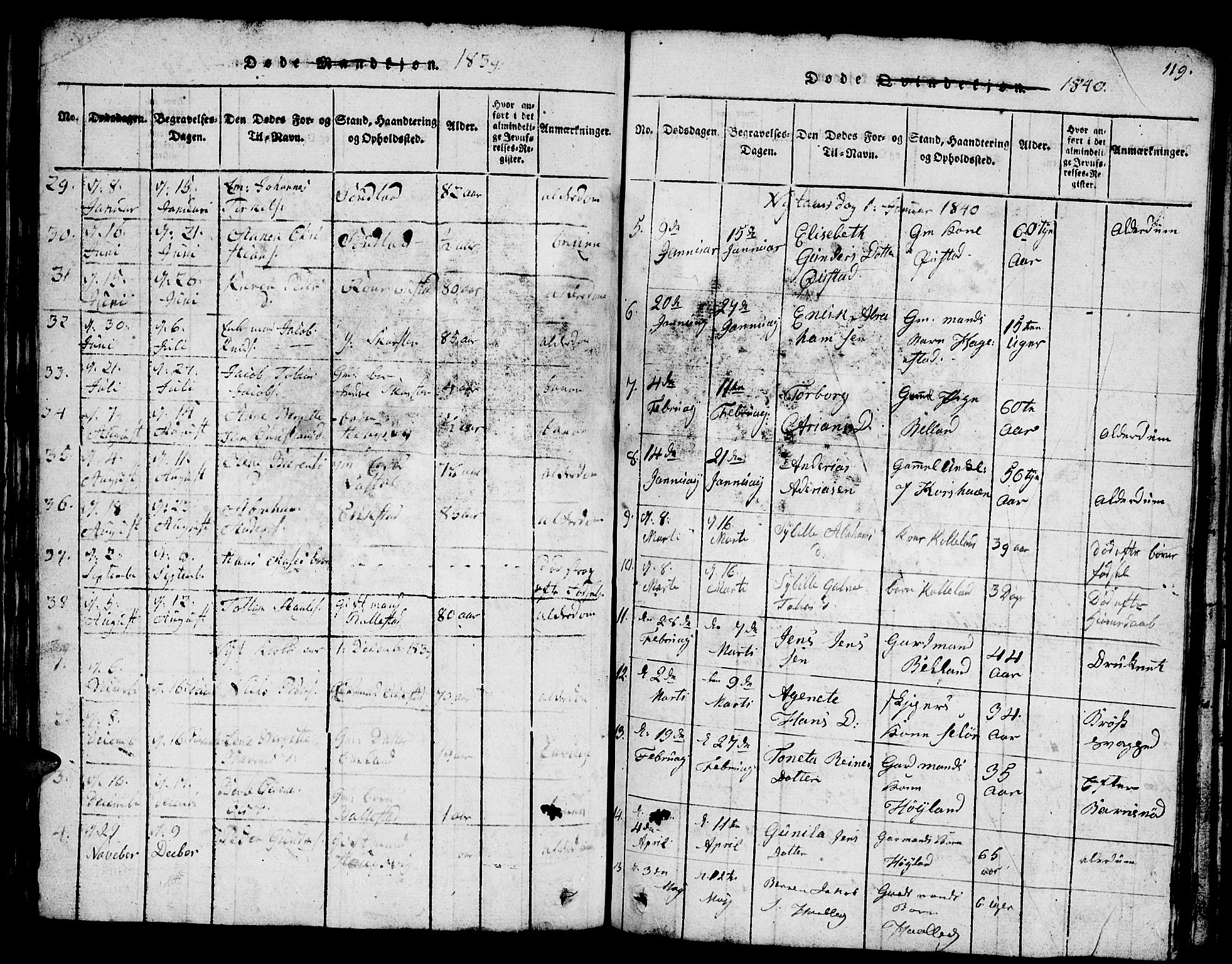 Lyngdal sokneprestkontor, SAK/1111-0029/F/Fb/Fba/L0001: Parish register (copy) no. B 1, 1816-1876, p. 119