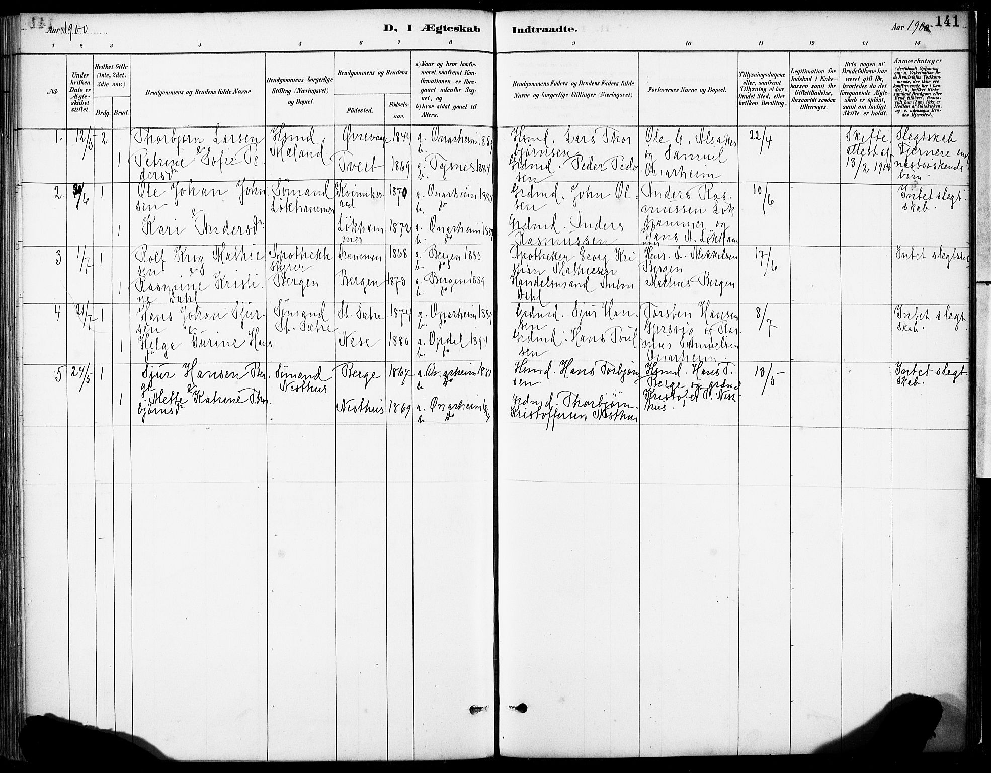 Tysnes sokneprestembete, SAB/A-78601/H/Haa: Parish register (official) no. C 1, 1887-1912, p. 141