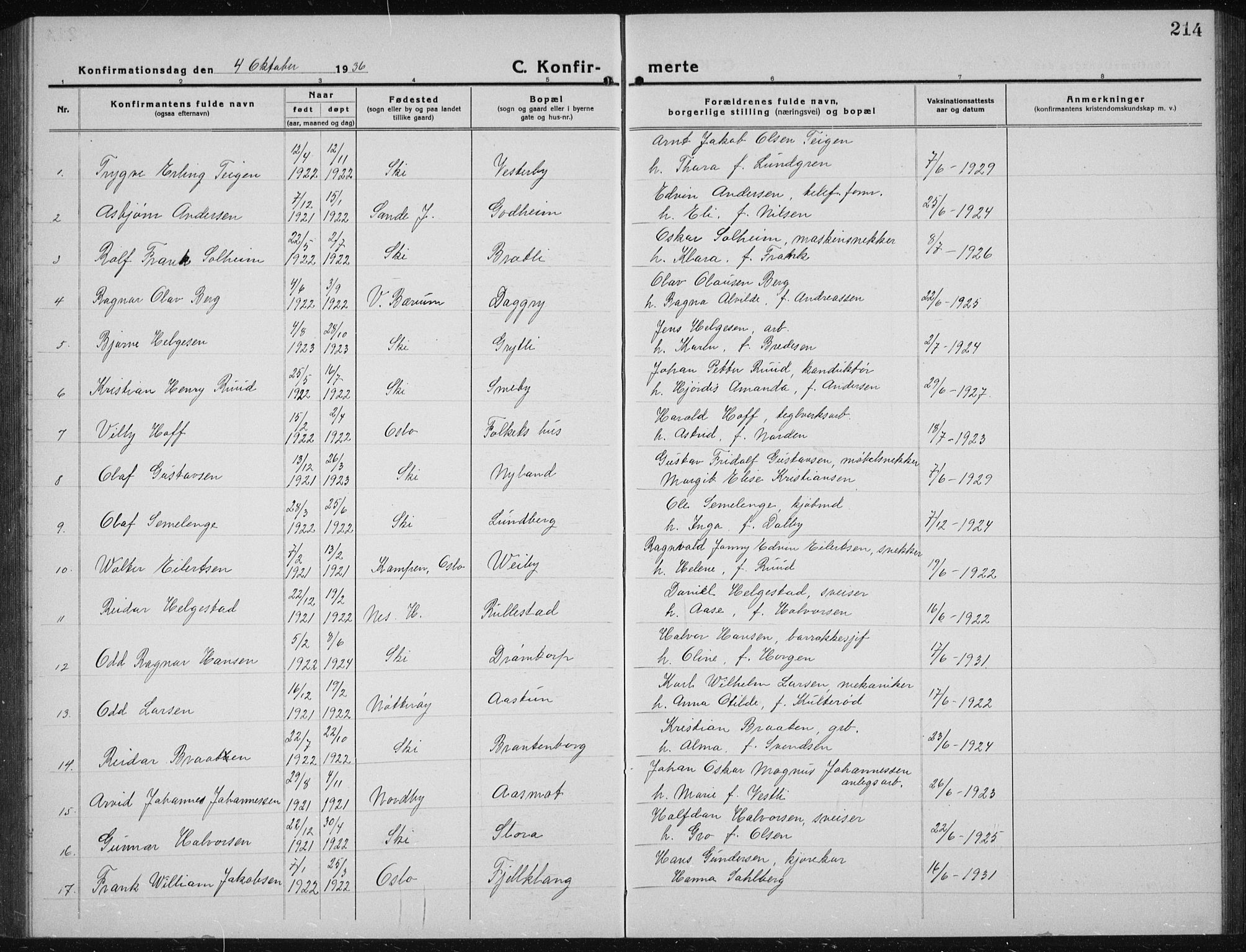 Kråkstad prestekontor Kirkebøker, AV/SAO-A-10125a/G/Gb/L0002: Parish register (copy) no. II 2, 1921-1941, p. 214