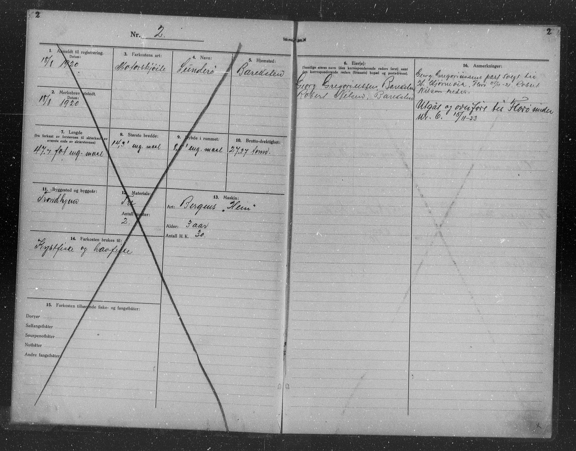 Fiskeridirektoratet - 1 Adm. ledelse - 13 Båtkontoret, SAB/A-2003/I/Ia/Iag/L0039: 135.0721/1 Merkeprotokoll - Kinn, 1920, p. 2