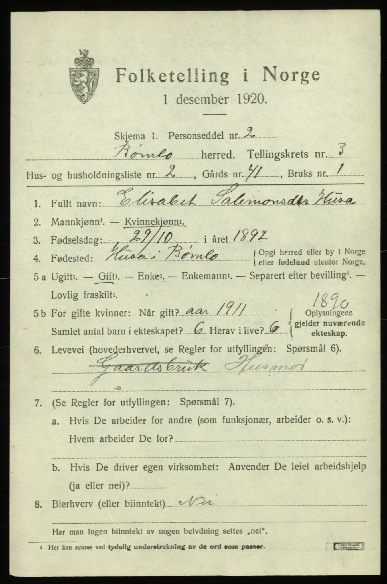 SAB, 1920 census for Bømlo, 1920, p. 2459