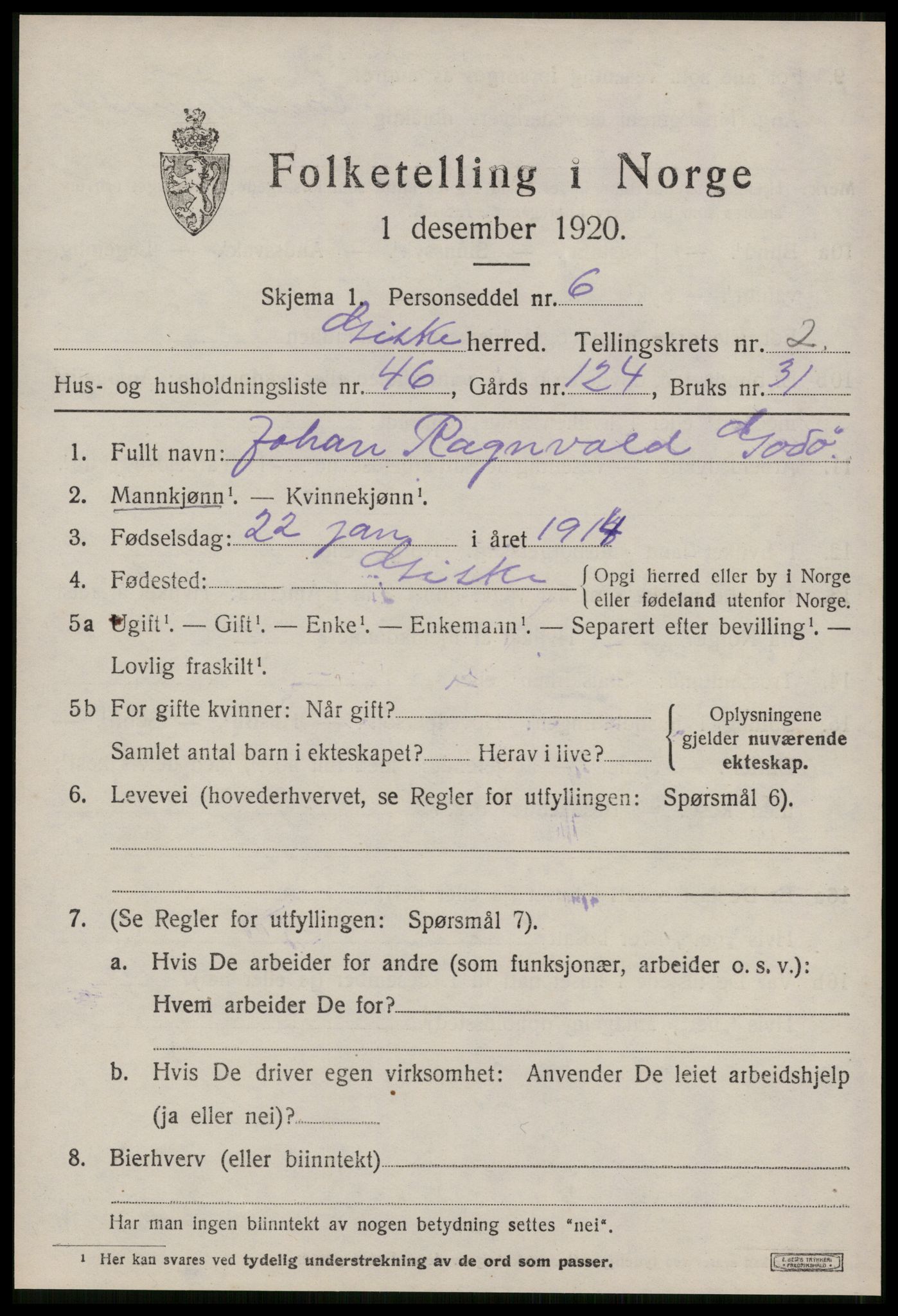 SAT, 1920 census for Giske, 1920, p. 1640