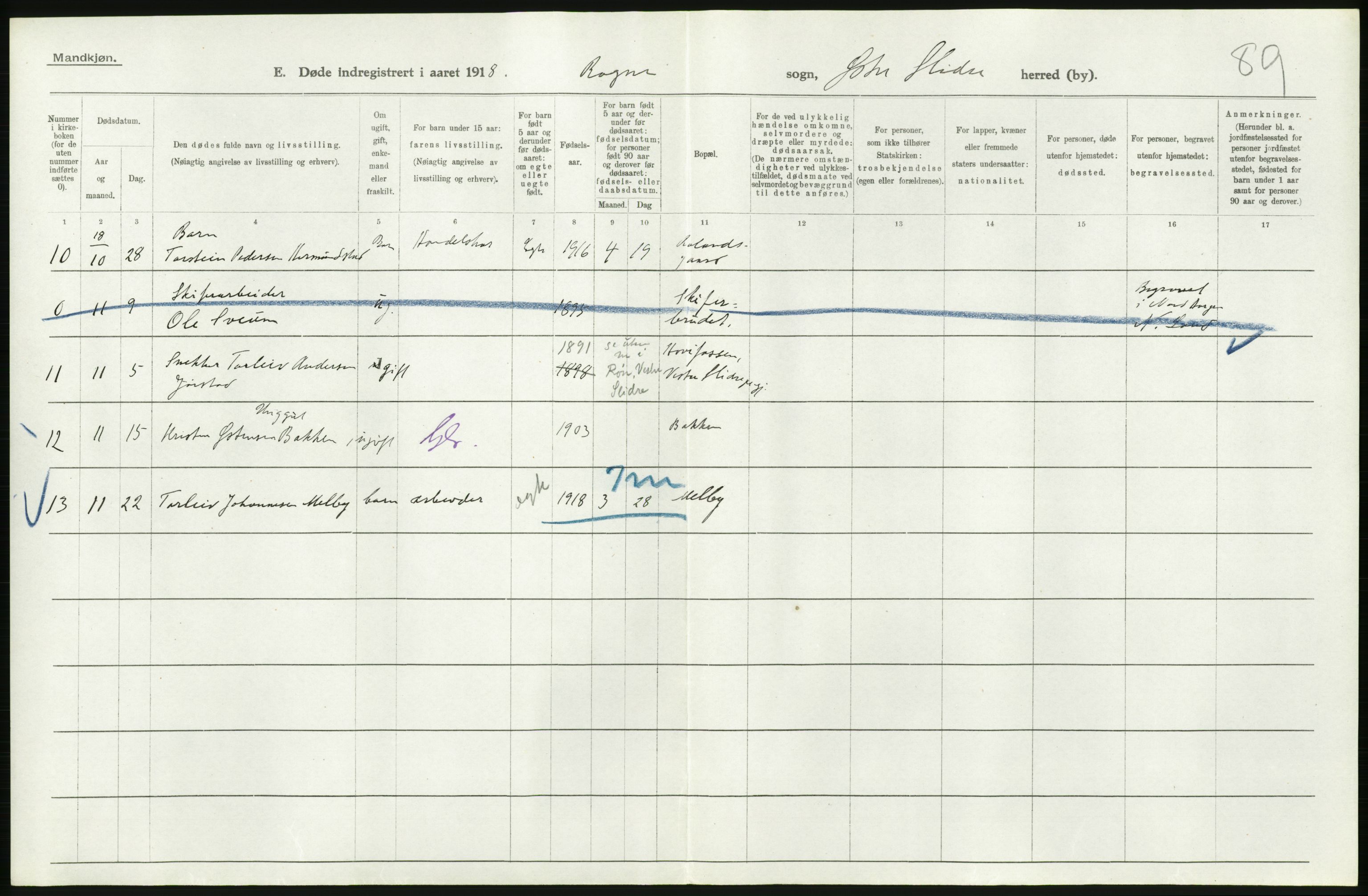 Statistisk sentralbyrå, Sosiodemografiske emner, Befolkning, AV/RA-S-2228/D/Df/Dfb/Dfbh/L0017: Oppland fylke: Døde. Bygder og byer., 1918, p. 464