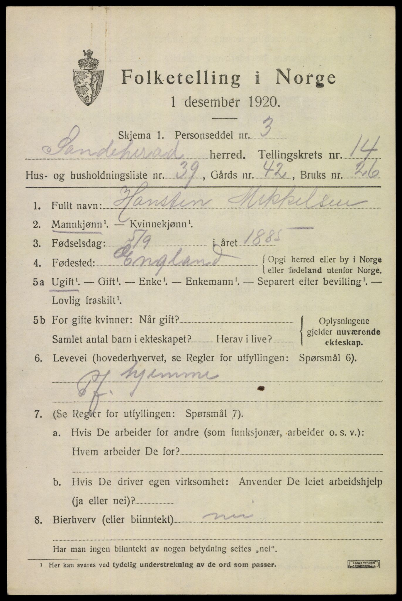 SAKO, 1920 census for Sandeherred, 1920, p. 20720