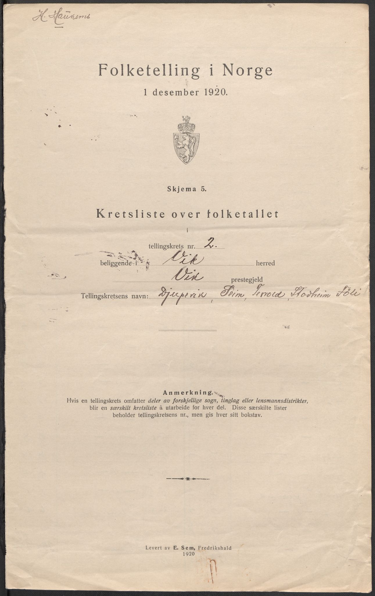 SAB, 1920 census for Vik, 1920, p. 9