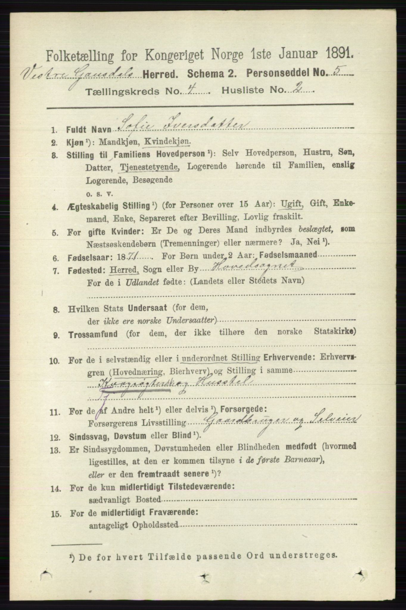 RA, 1891 census for 0523 Vestre Gausdal, 1891, p. 1721