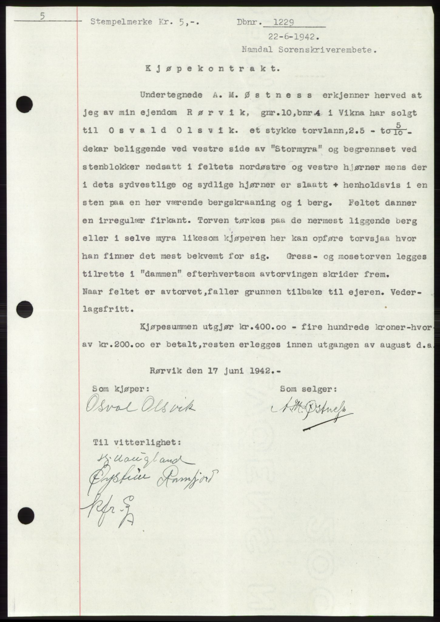 Namdal sorenskriveri, SAT/A-4133/1/2/2C: Mortgage book no. -, 1941-1942, Diary no: : 1229/1942