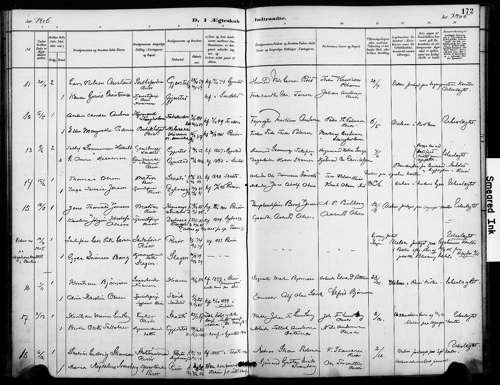 Risør sokneprestkontor, SAK/1111-0035/F/Fa/L0010: Parish register (official) no. A 10, 1896-1906, p. 172