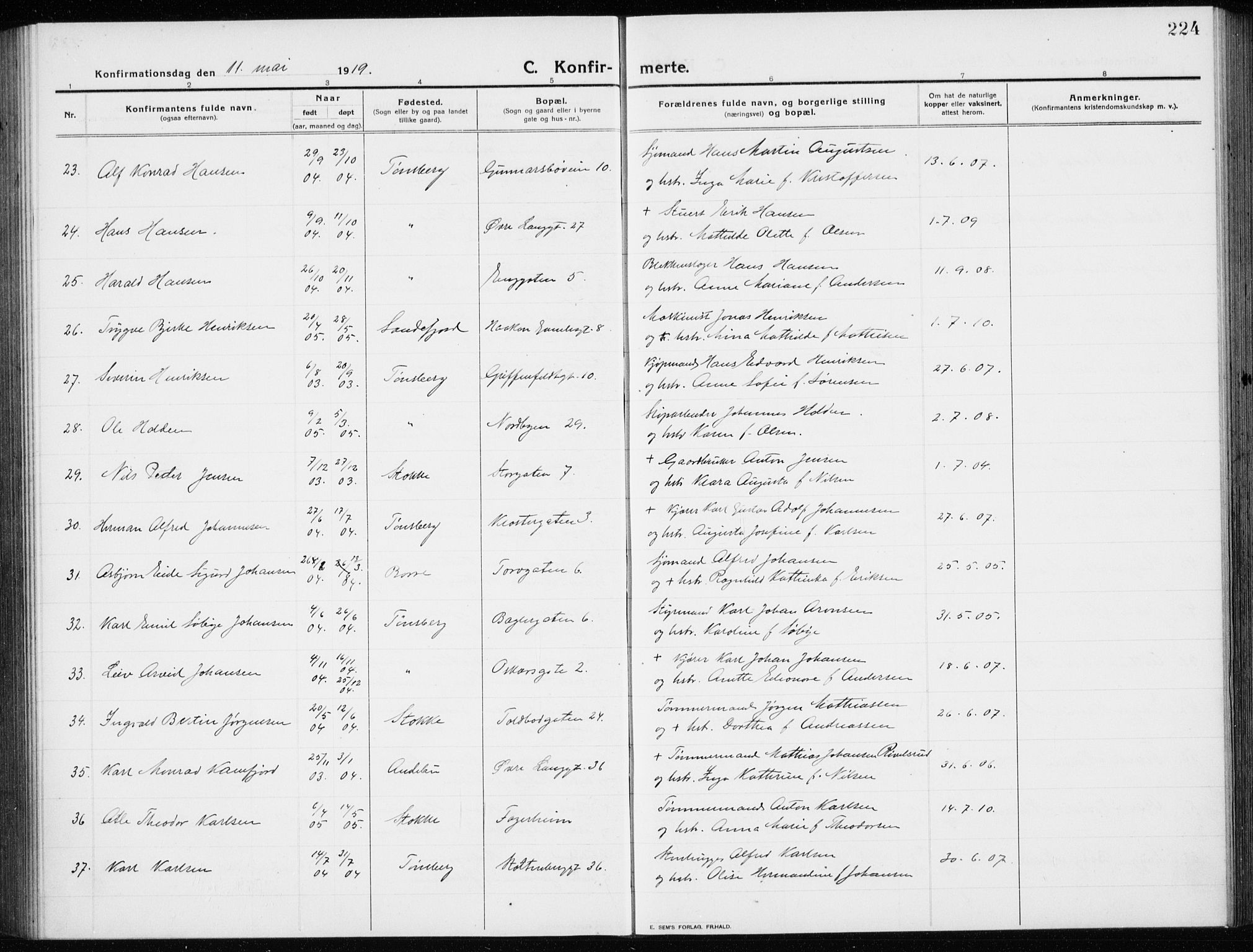 Tønsberg kirkebøker, AV/SAKO-A-330/G/Ga/L0009: Parish register (copy) no. 9, 1913-1920, p. 224