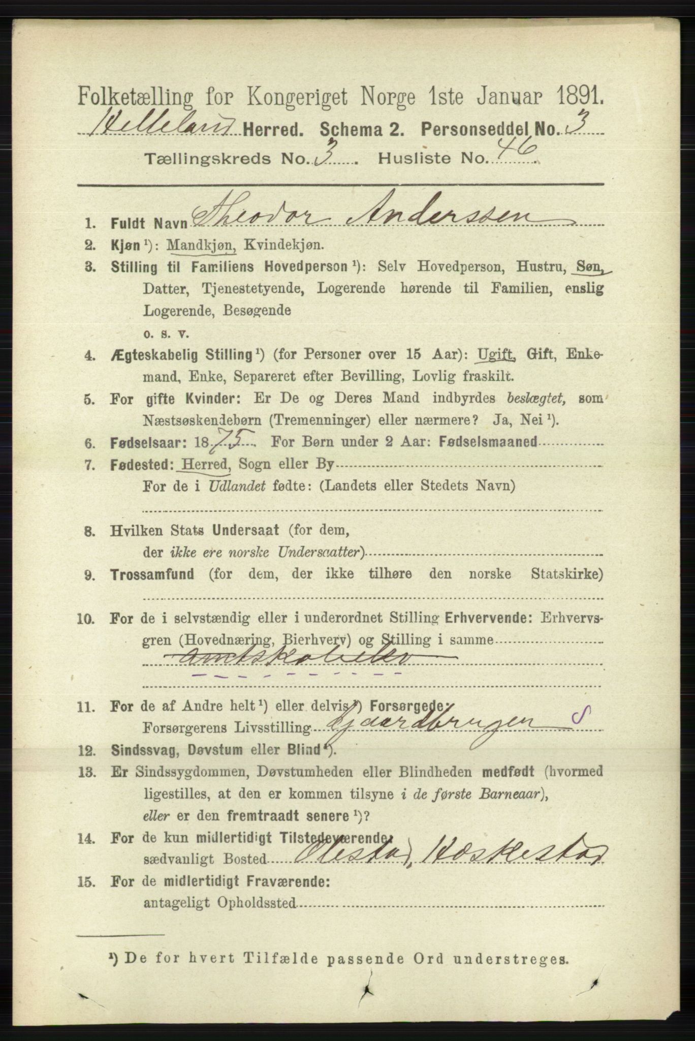 RA, 1891 census for 1115 Helleland, 1891, p. 1097