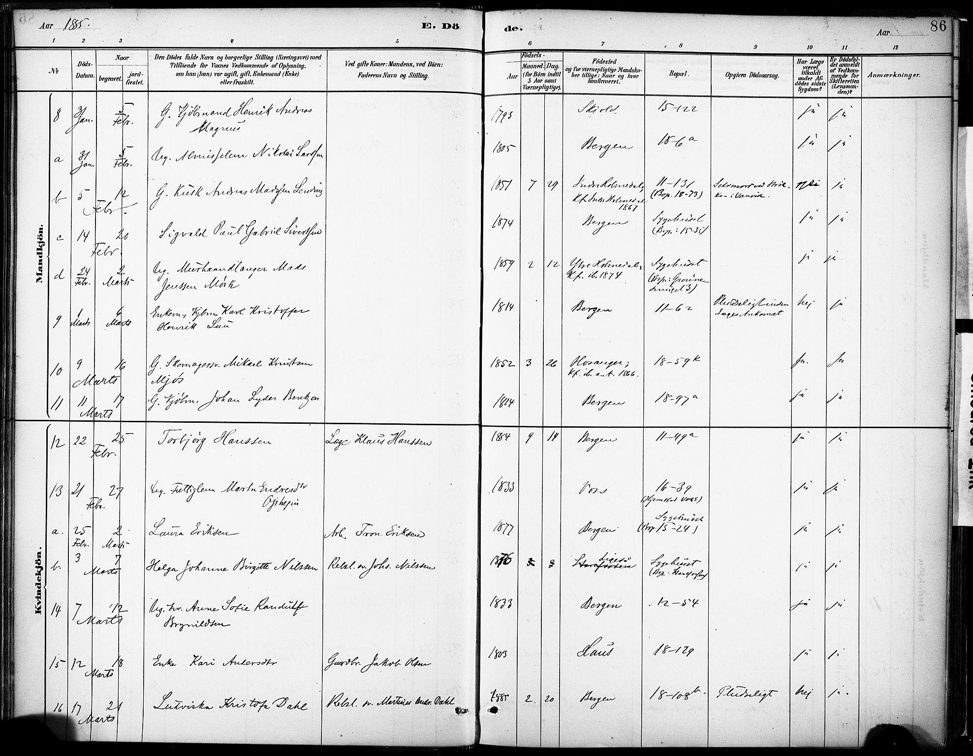 Domkirken sokneprestembete, AV/SAB-A-74801/H/Haa/L0043: Parish register (official) no. E 5, 1882-1904, p. 86