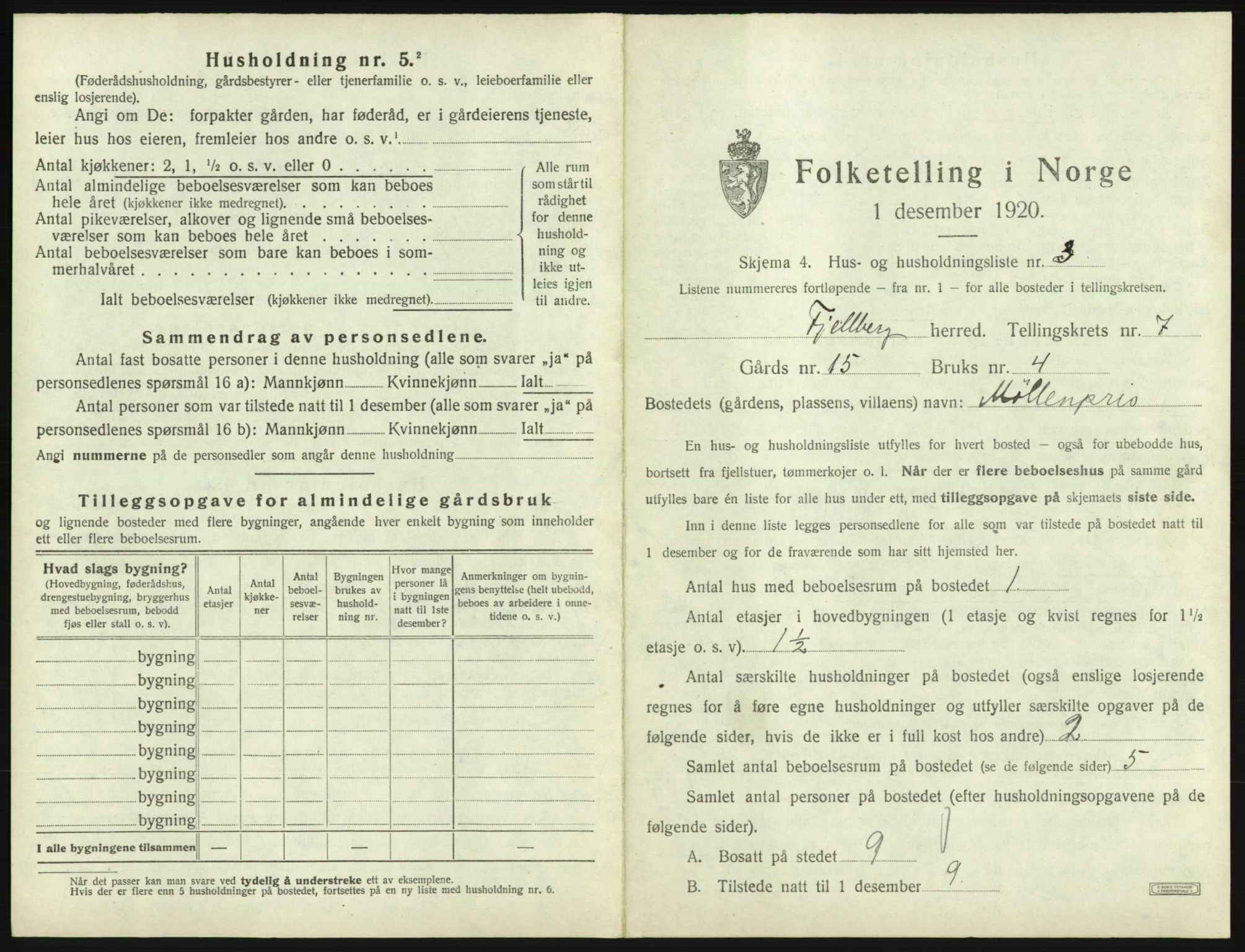 SAB, 1920 census for Fjelberg, 1920, p. 401