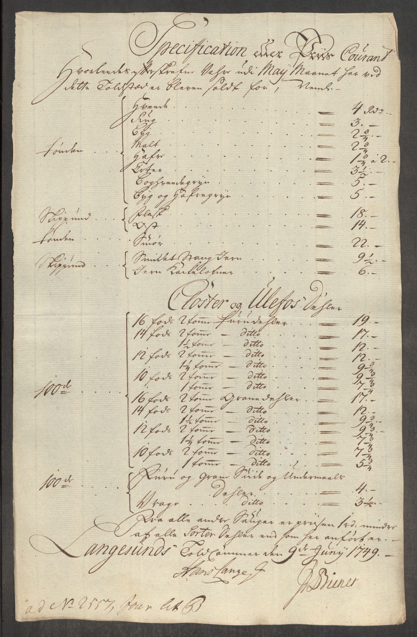 Rentekammeret inntil 1814, Realistisk ordnet avdeling, RA/EA-4070/Oe/L0004: [Ø1]: Priskuranter, 1749-1752, p. 109