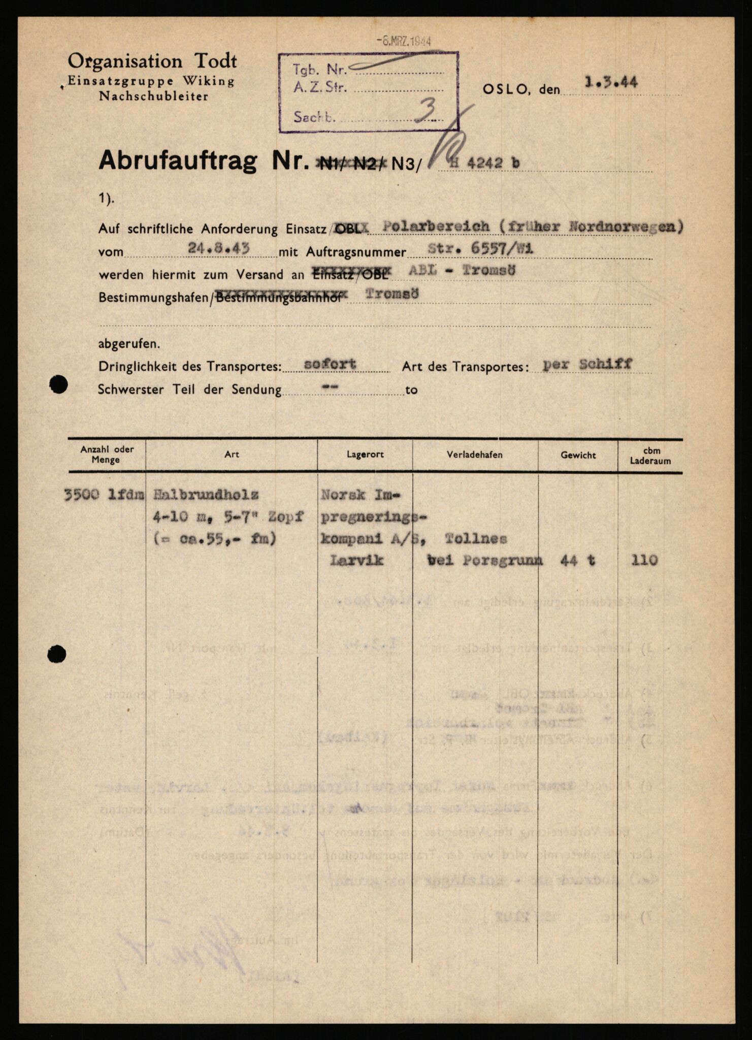 Tyske arkiver, Organisation Todt (OT), Einsatzgruppe Wiking, AV/RA-RAFA-2188/1/E/E6/E6c/L0007: Nachschub: Arkivkode 9451-9490, 1940-1945, p. 640